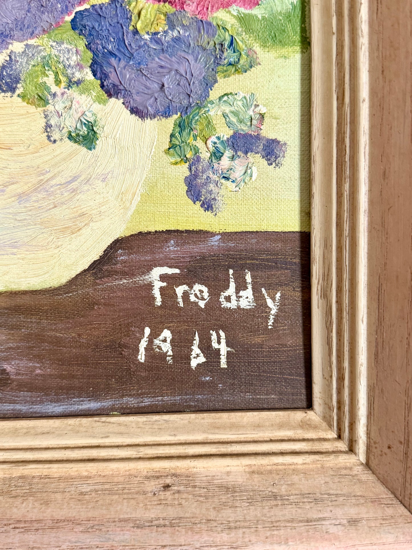 framed folk art flowers, signed Freddy 1964