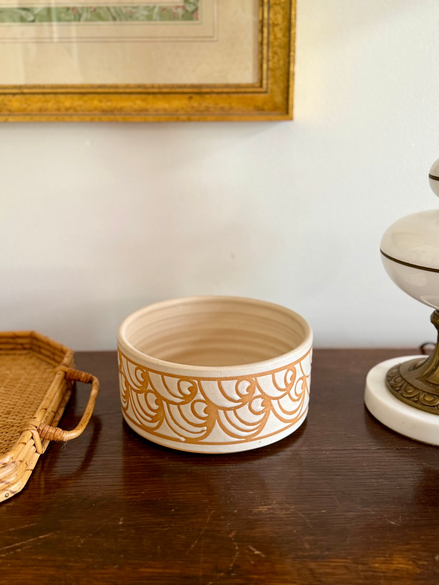 MCM studio pottery terracotta wave pattern bowl, signed by Sally Ann Endleman