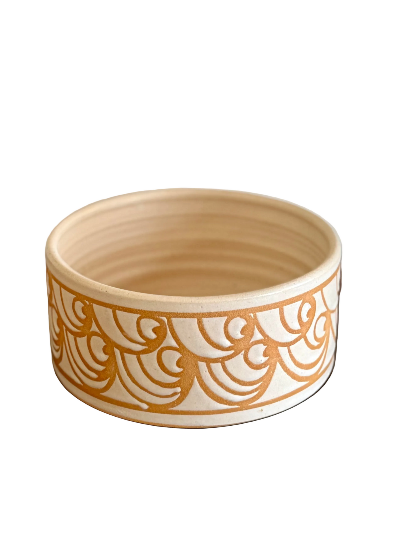 MCM studio pottery terracotta wave pattern bowl, signed by Sally Ann Endleman