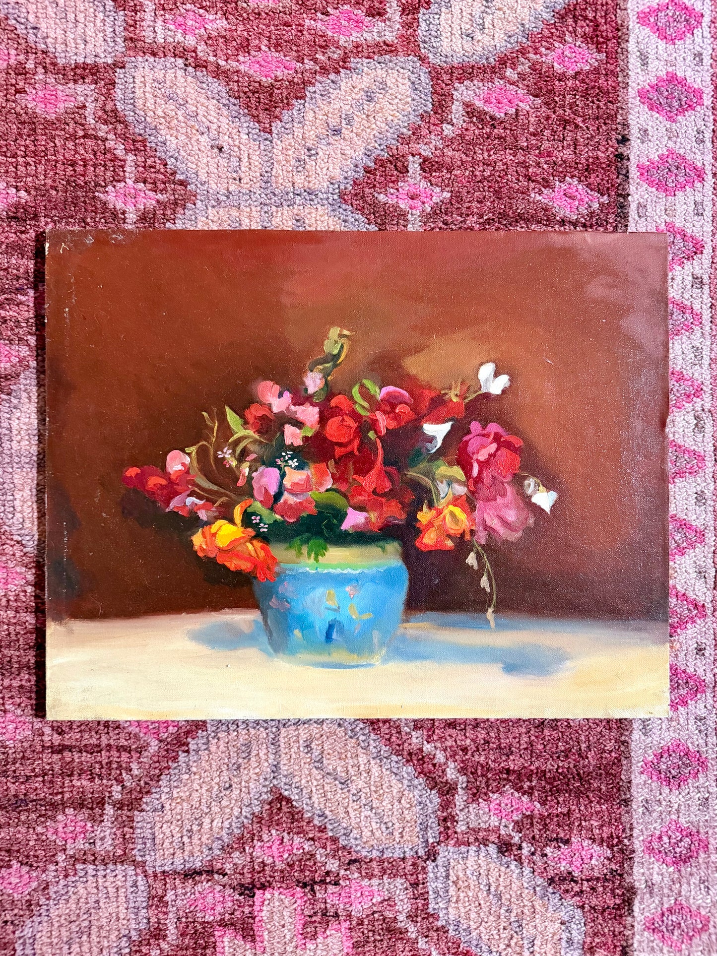 red flowers in a blue vase original painting