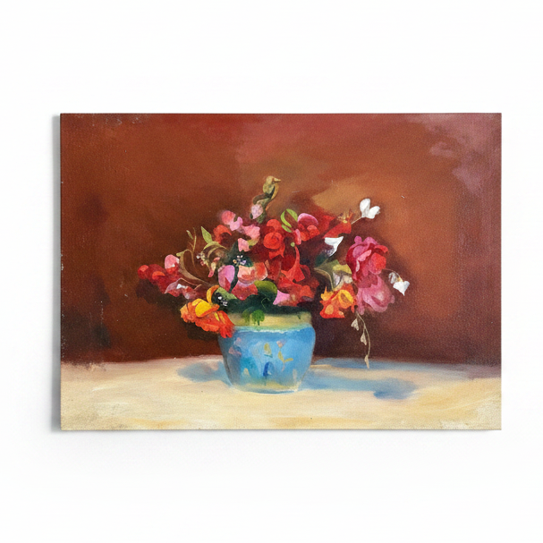 red flowers in a blue vase original painting