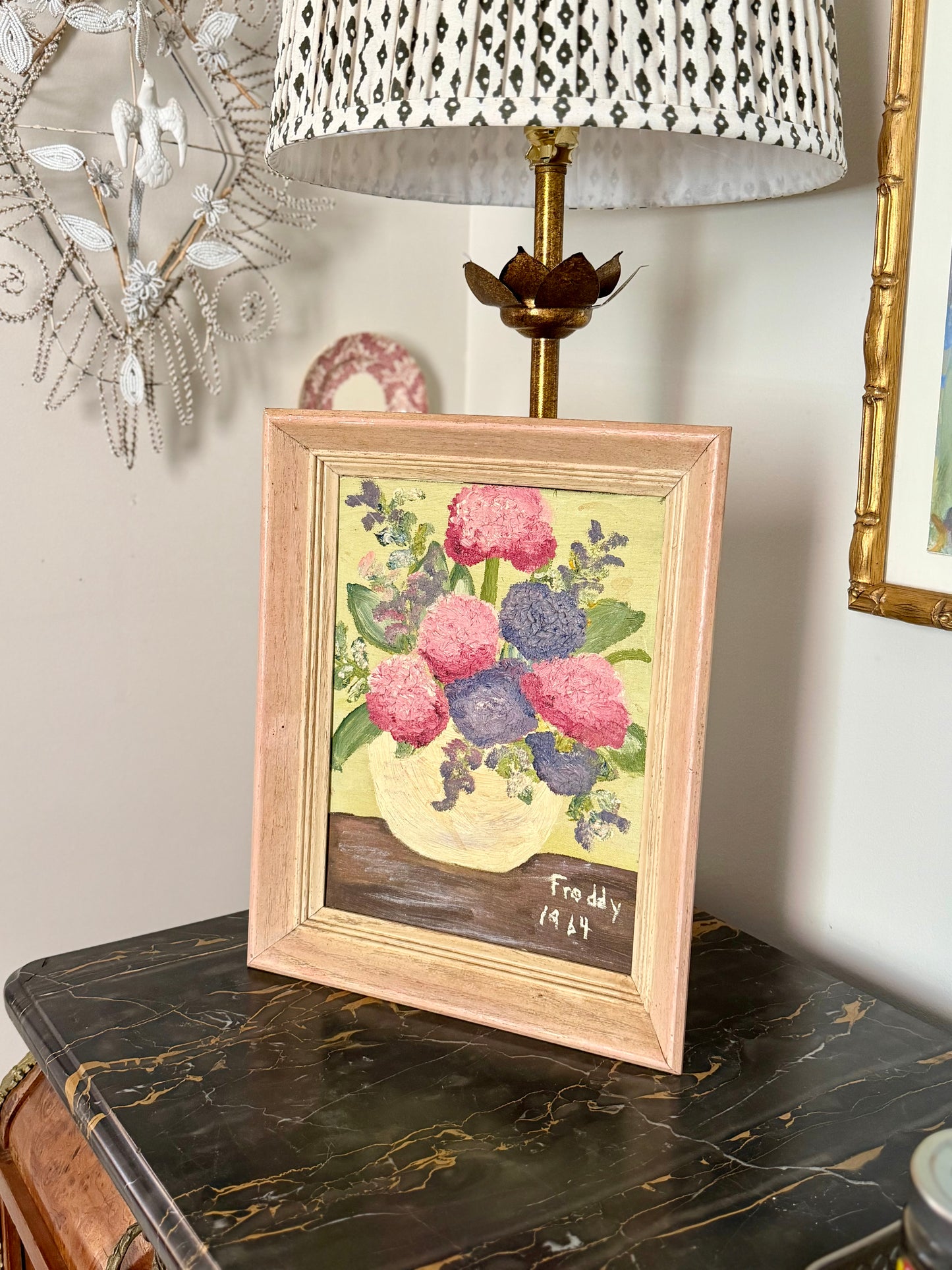 framed folk art flowers, signed Freddy 1964
