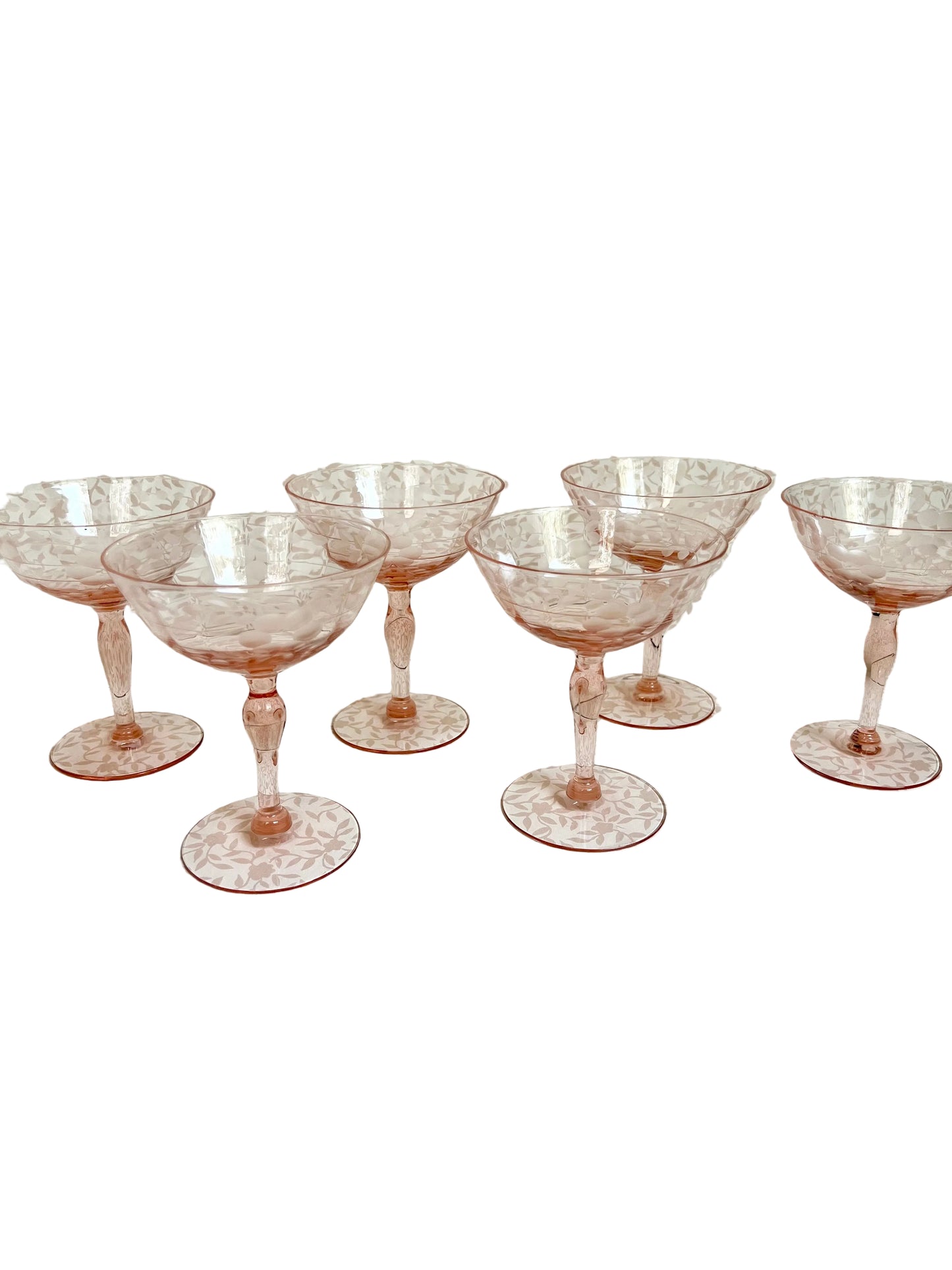 set of 6 etched pink depression glass coupes