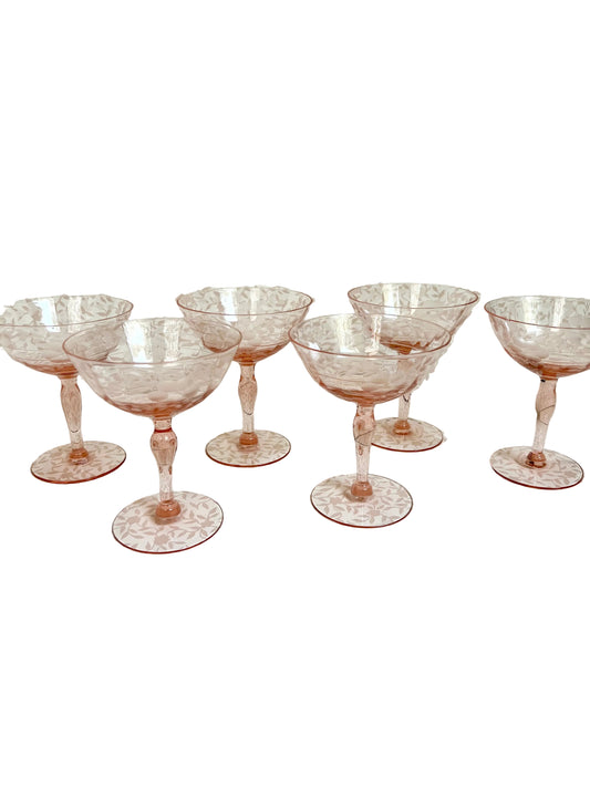 set of 6 etched pink depression glass coupes