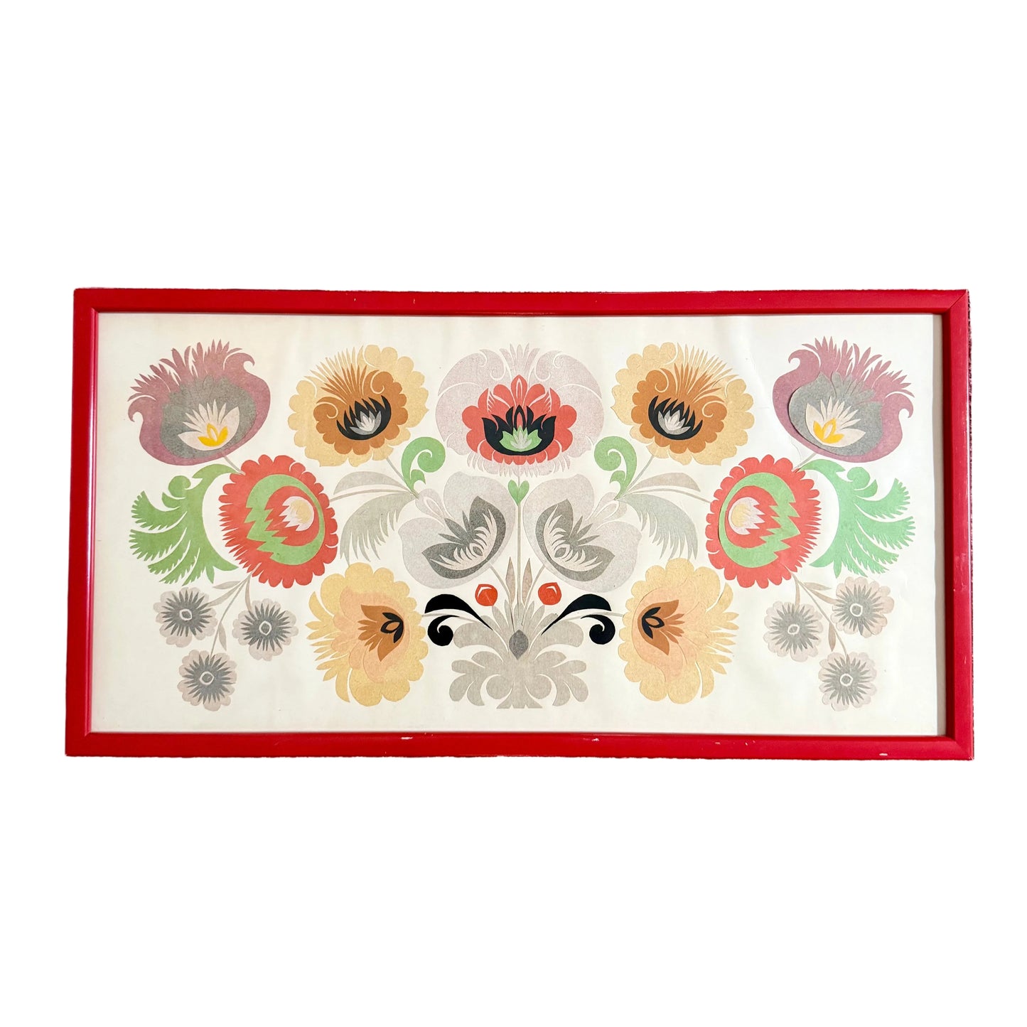 A framed floral folk art print with a red frame, featuring stylized flowers and birds on an off-white background.