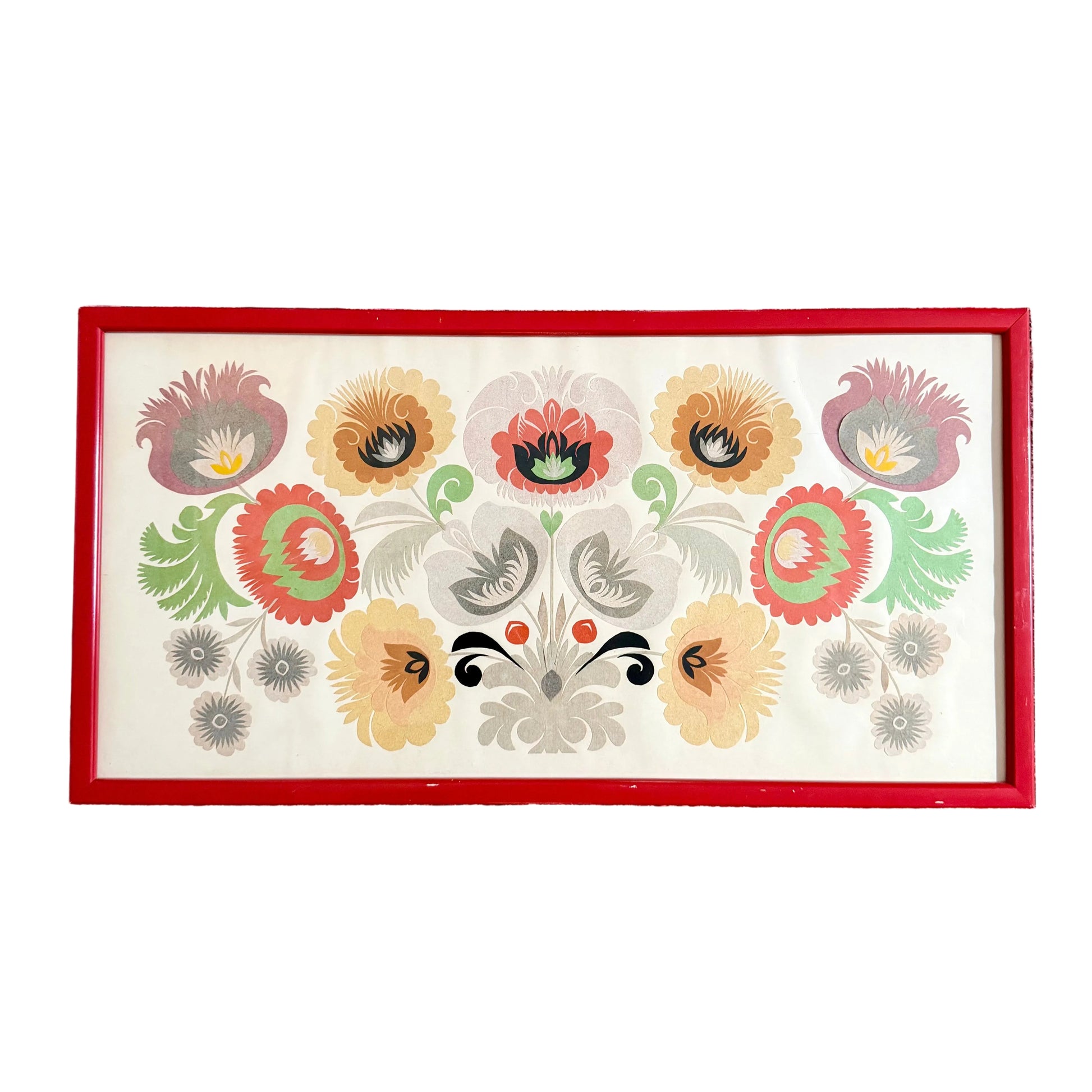 A framed floral folk art print with a red frame, featuring stylized flowers and birds on an off-white background.