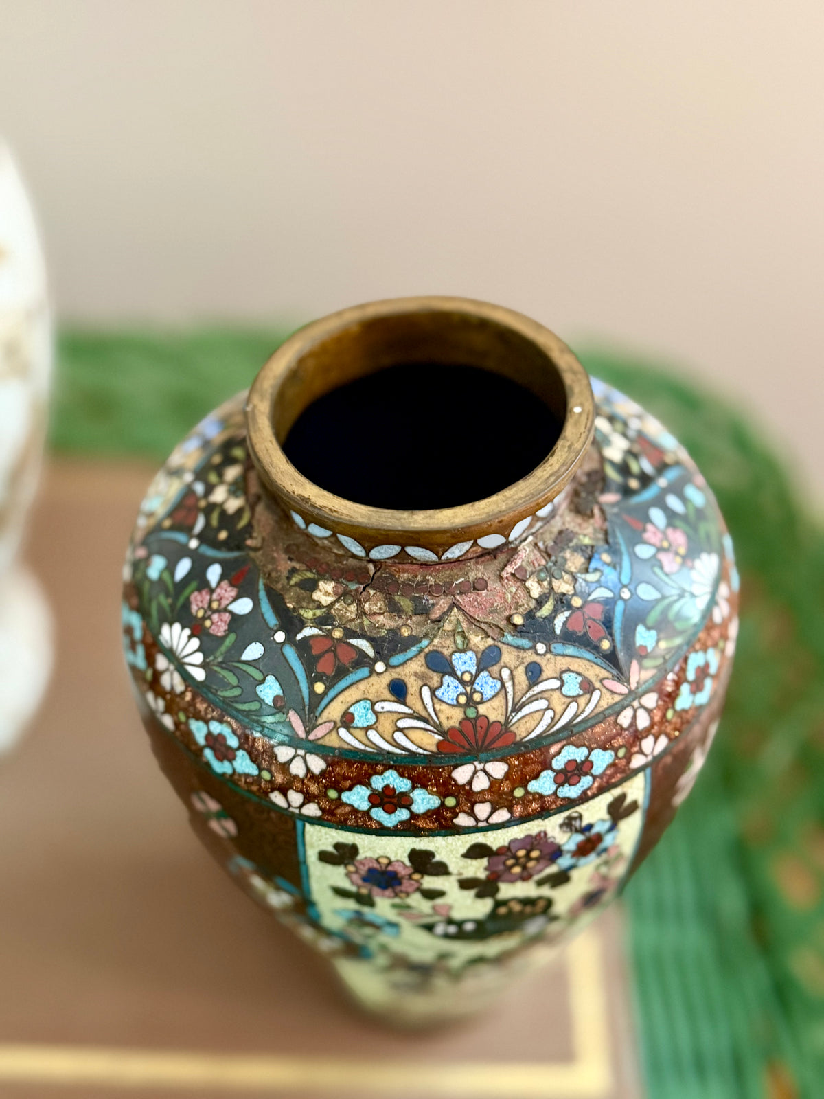 antique Chinese cloisonne vase with brown "goldstone" background