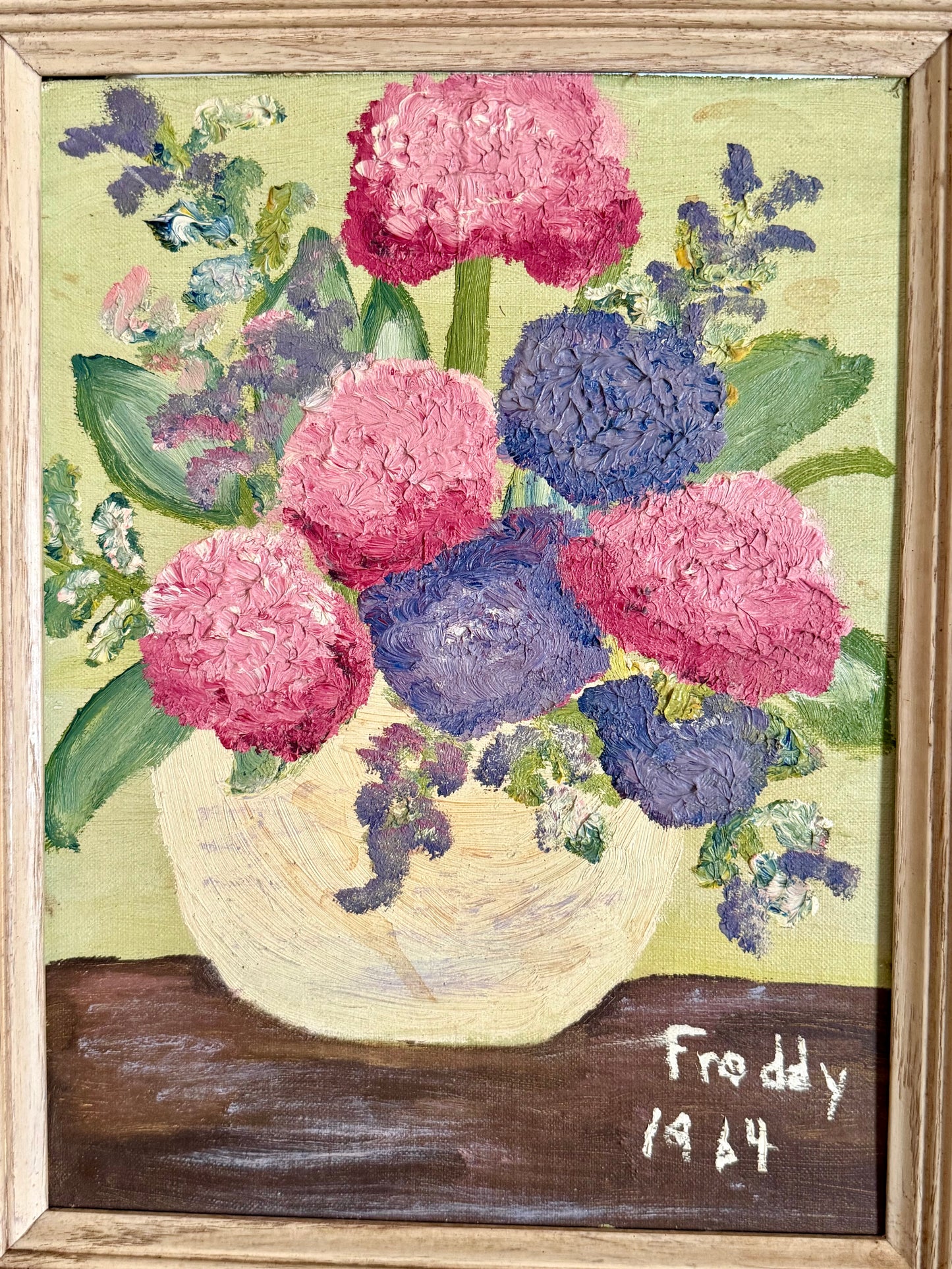 framed folk art flowers, signed Freddy 1964