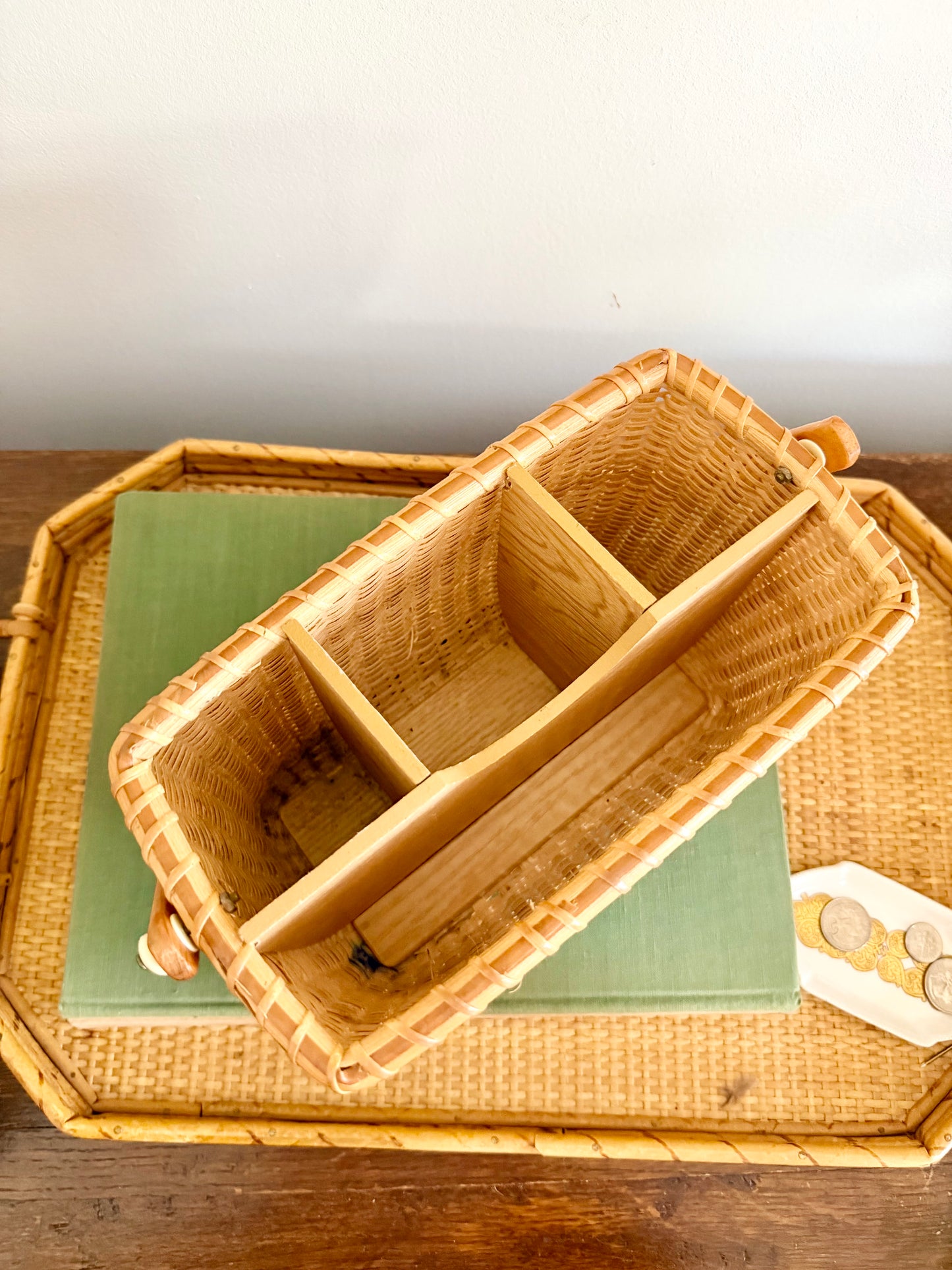 Nantucket-style woven wicker and wood flatware caddy