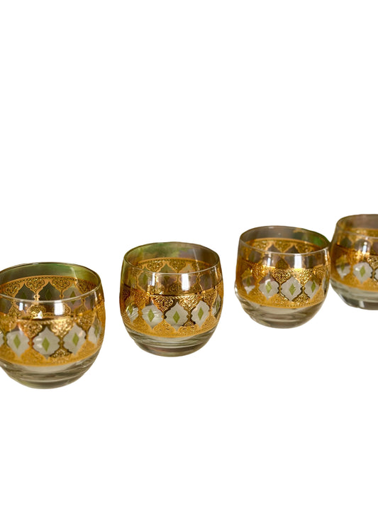 Culver Valencia green and gold roly poly glasses, set of 4