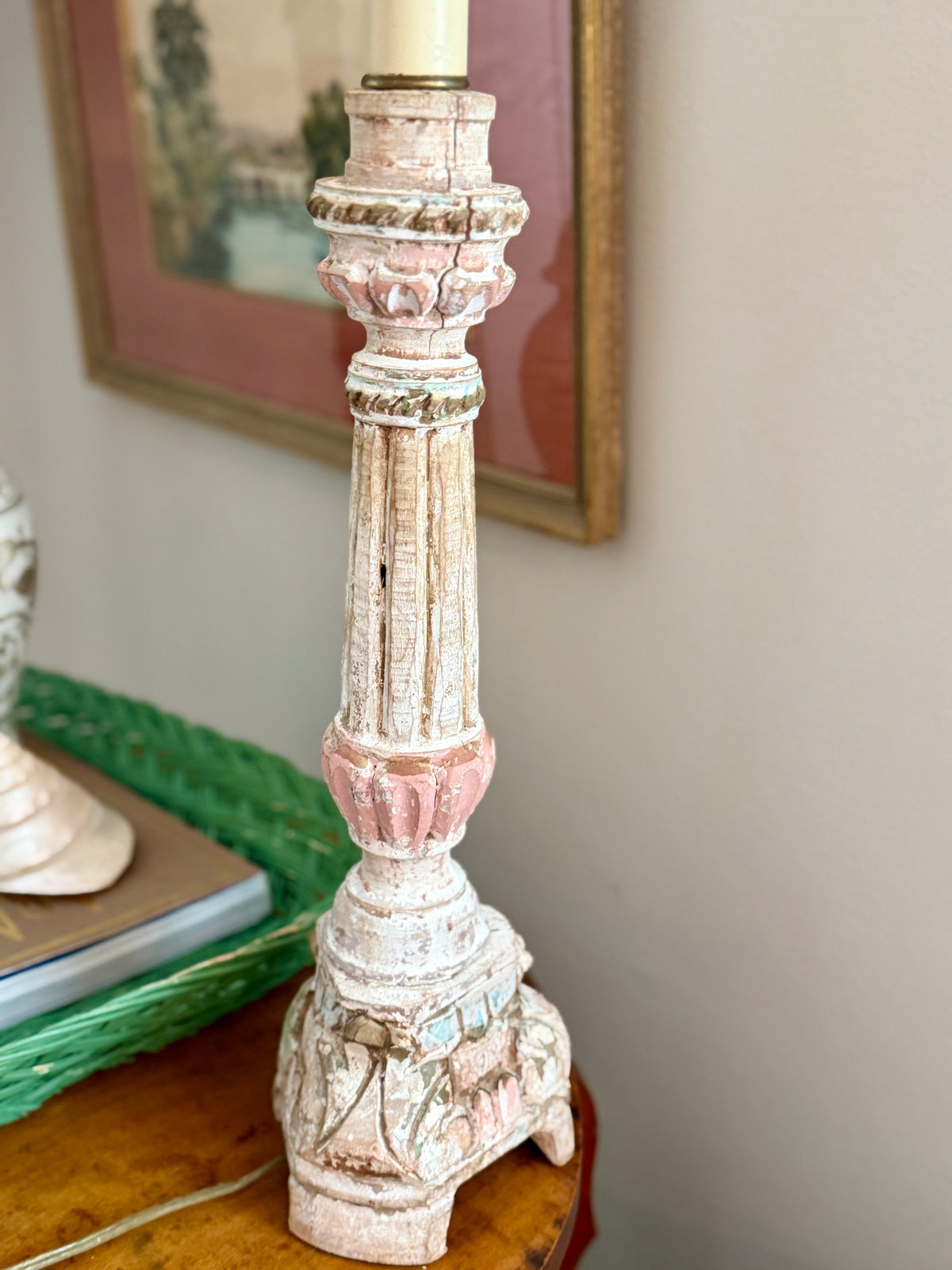polychrome wood salvage lamp base