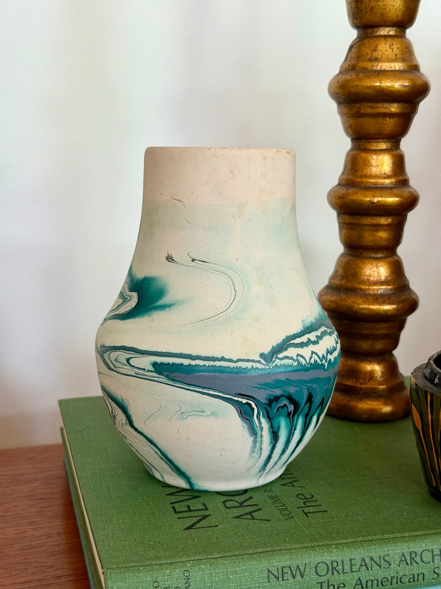 teal Nemadji marbelized pottery vase