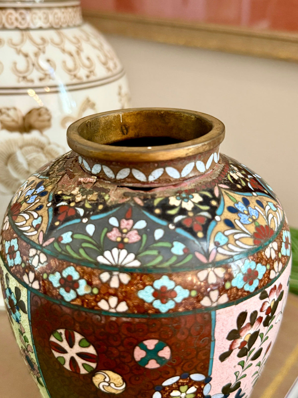 antique Chinese cloisonne vase with brown "goldstone" background