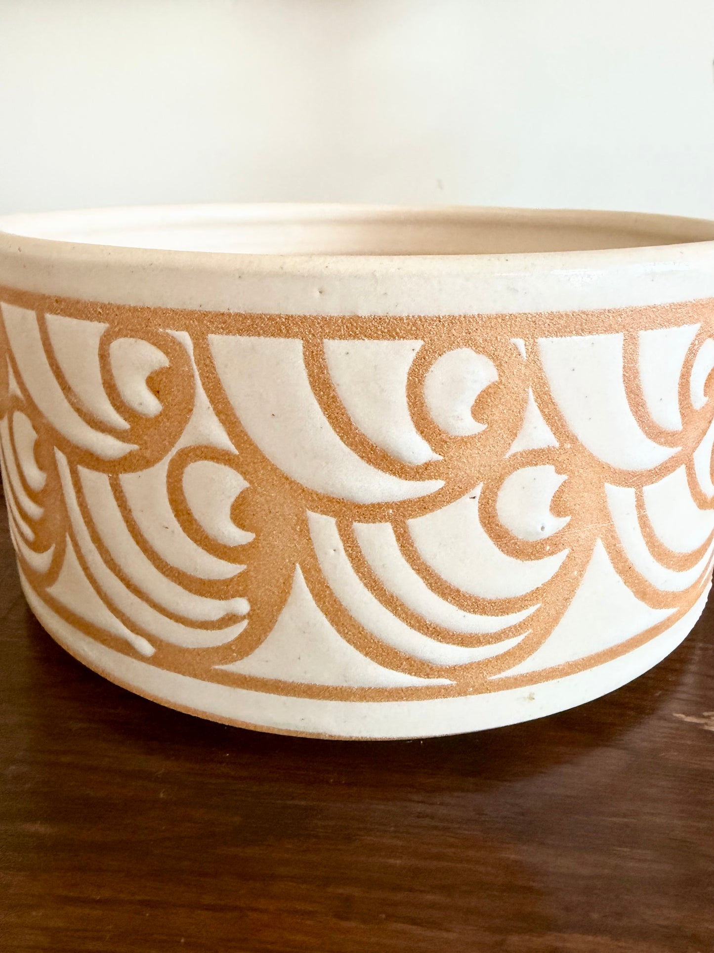 MCM studio pottery terracotta wave pattern bowl, signed by Sally Ann Endleman