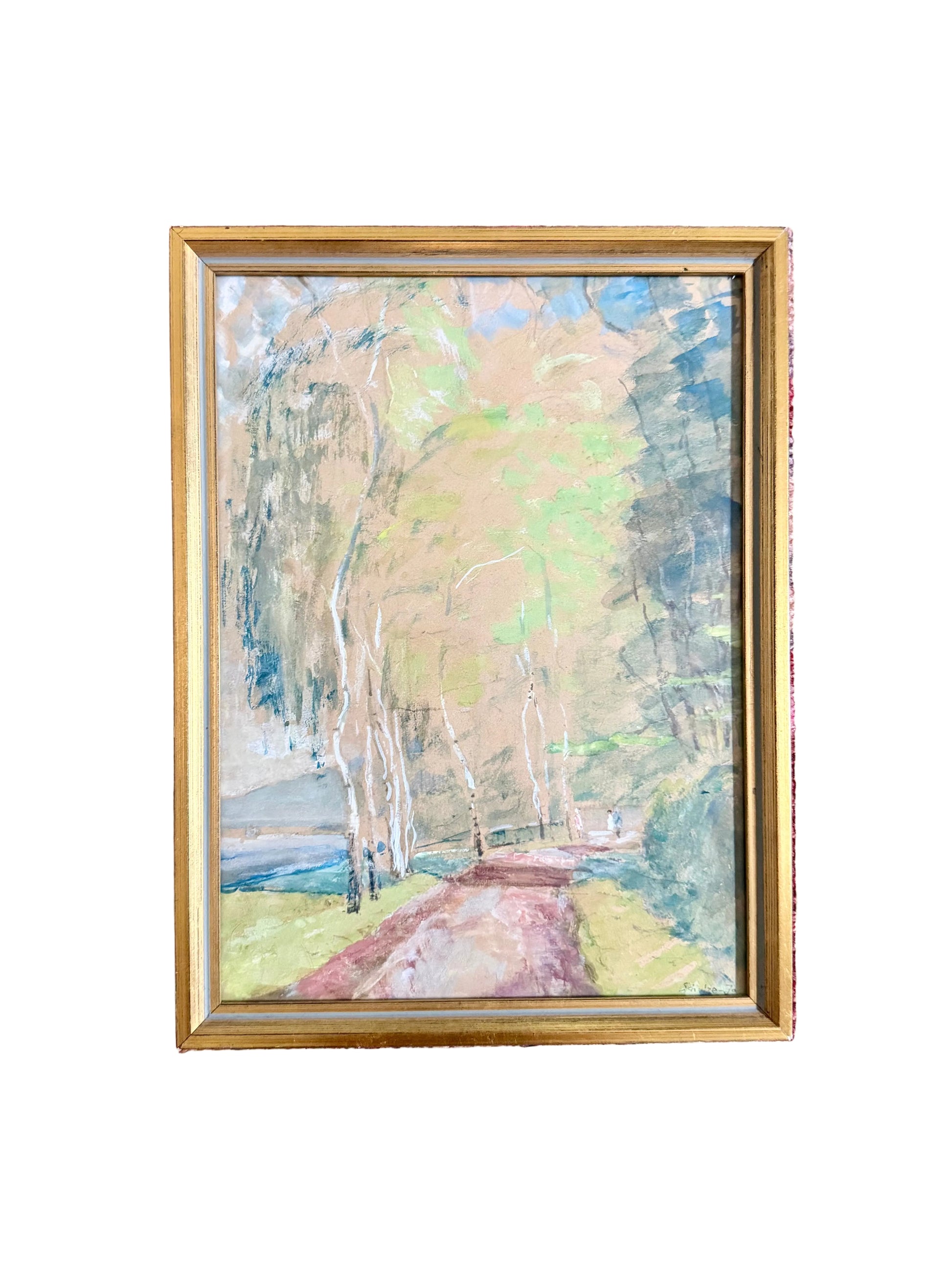 A framed landscape painting depicting birch trees and a path, set in a gold frame.