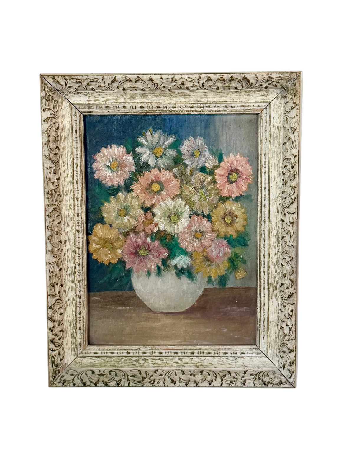still life of chrysanthemums in a white vase