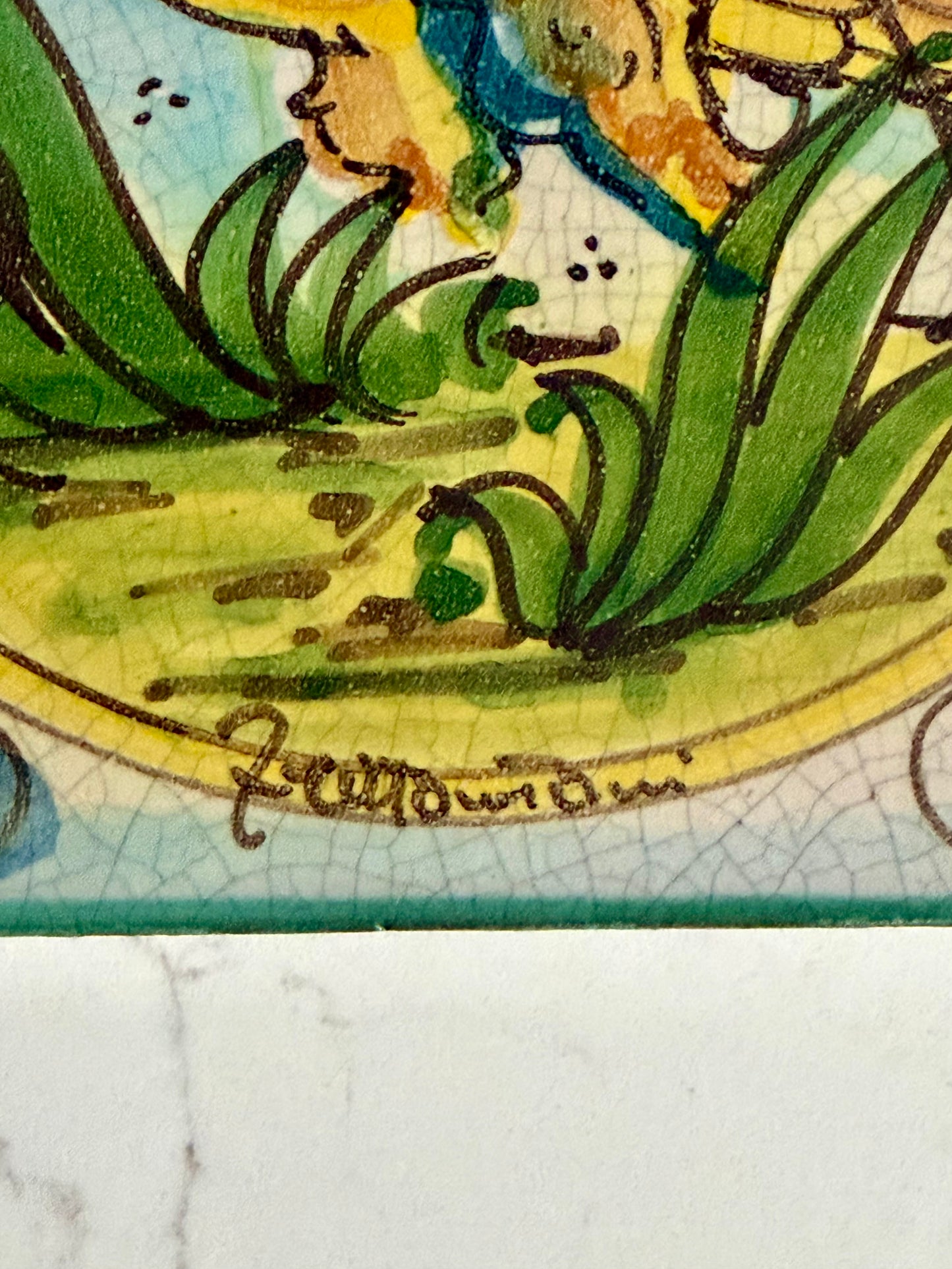 Vietri hand painted terracotta tile with blue bird