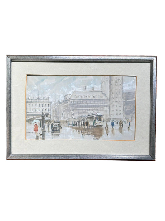 Leipzig rainy day street scene watercolor painting