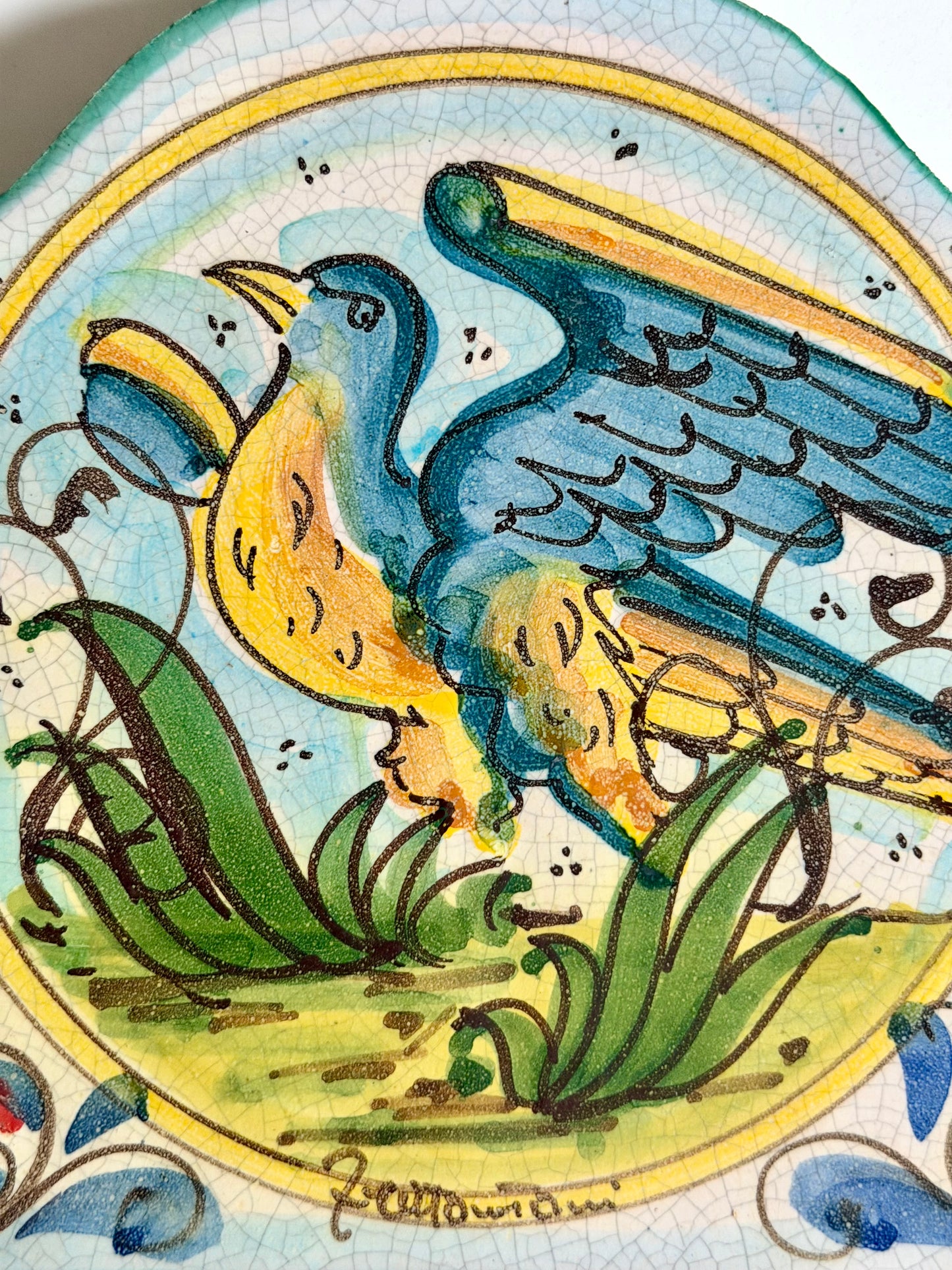 Vietri hand painted terracotta tile with blue bird