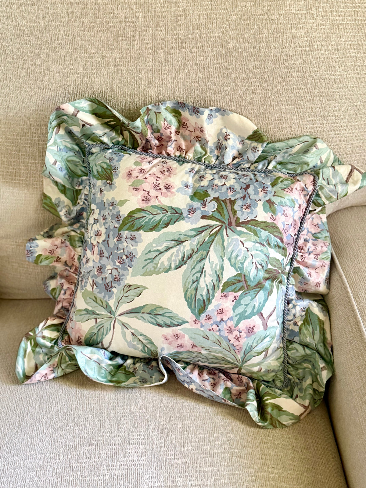 Waverly floral chintz pillow with ruffle trim