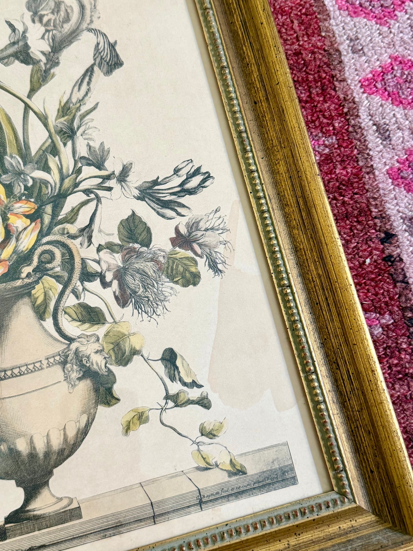 framed hand colored engraving of a floral arrangement attributed to Jean-Baptiste Monnoyer