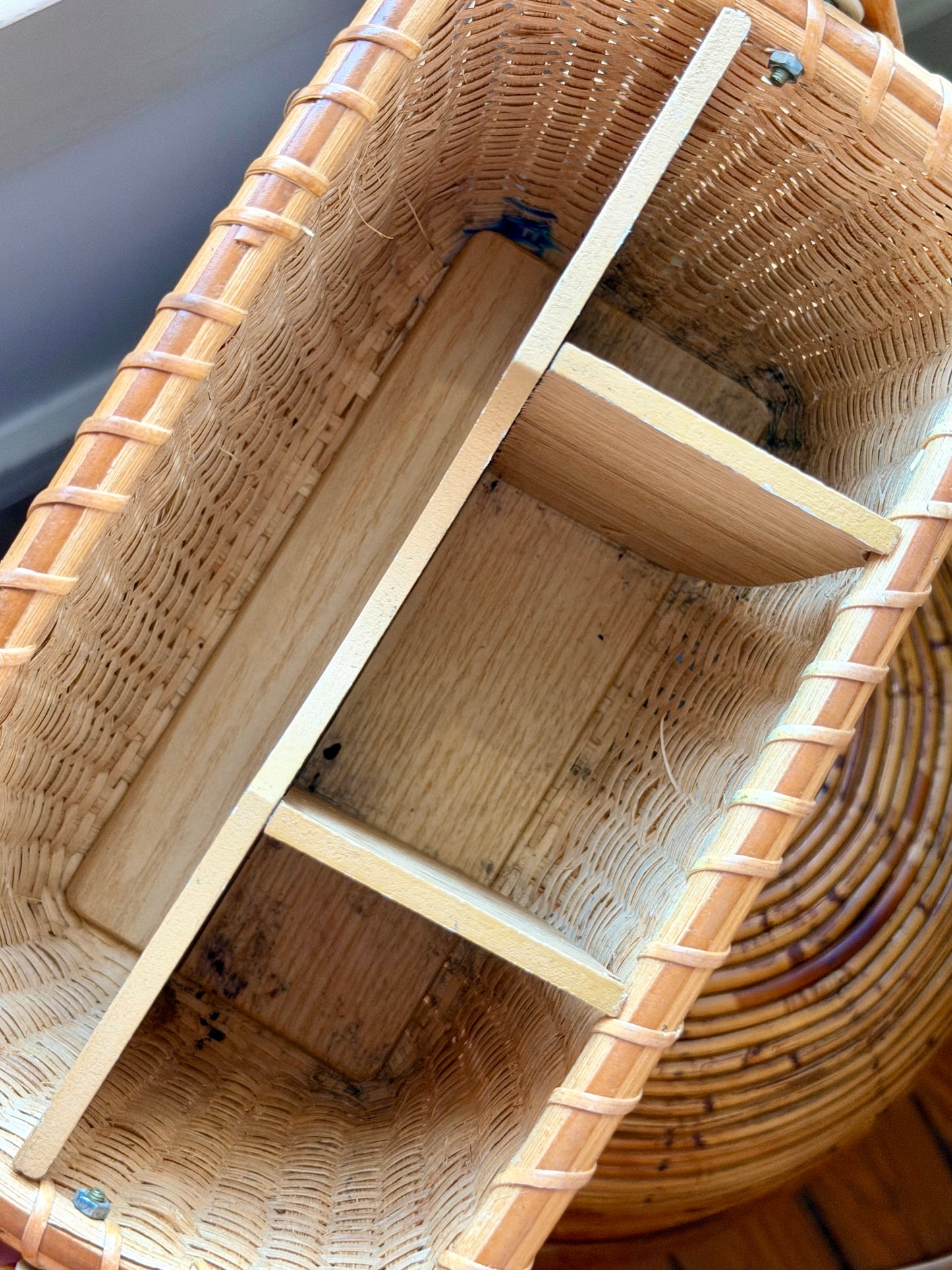 Nantucket-style woven wicker and wood flatware caddy