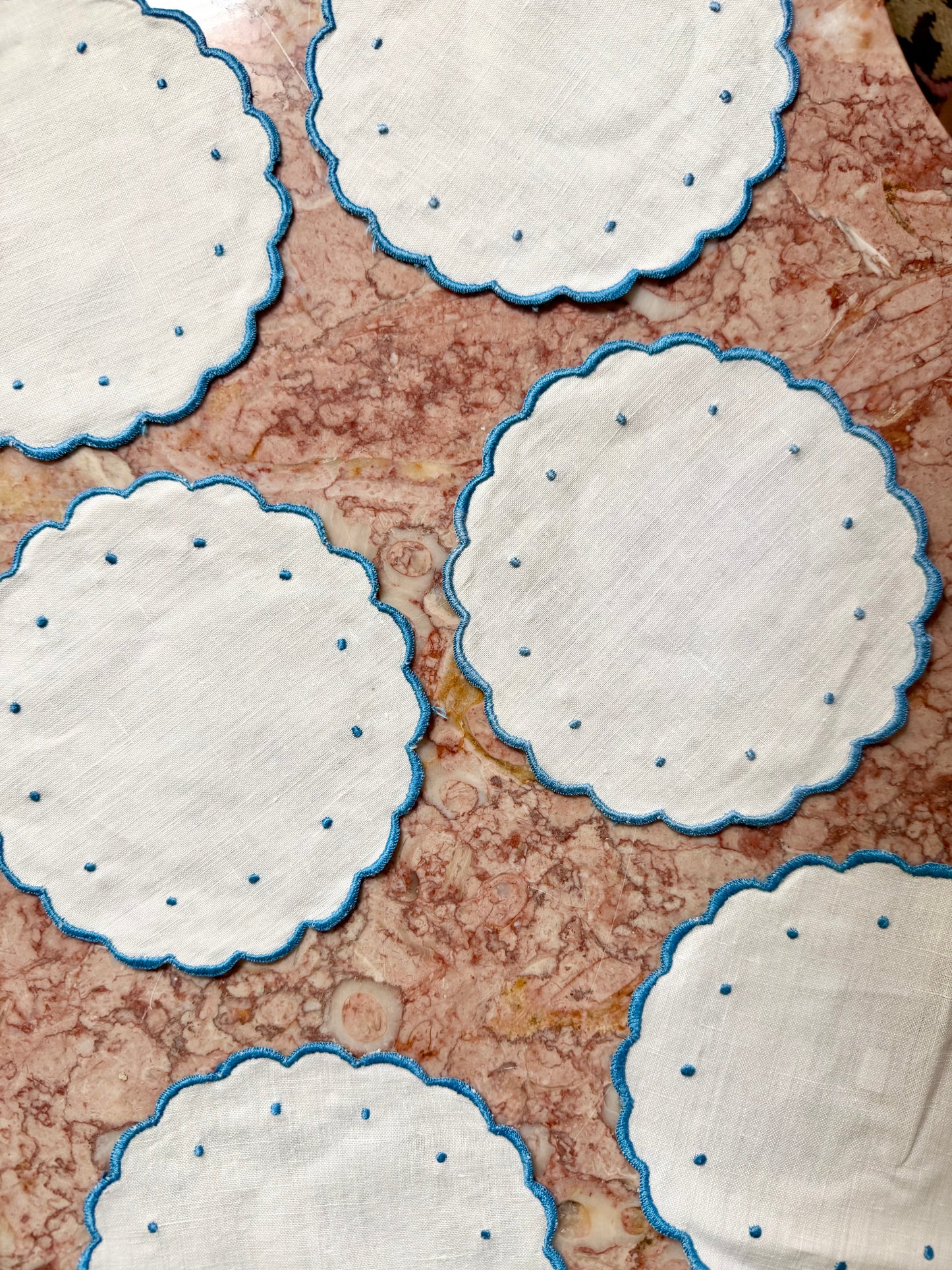 scalloped blue and white embroidered linen coasters, set of 6