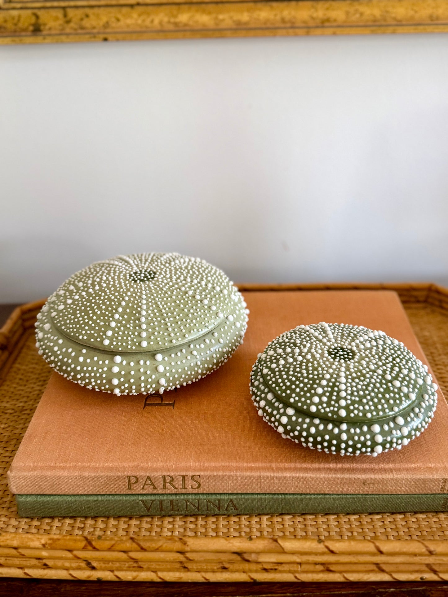 dark green ceramic sea urchin lidded box