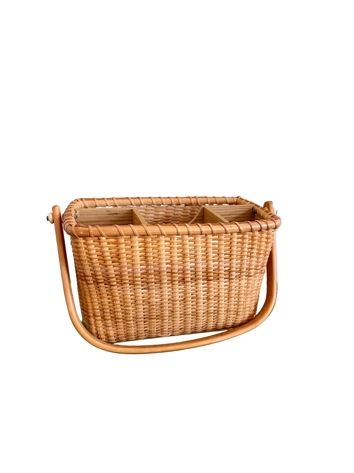 Nantucket-style woven wicker and wood flatware caddy