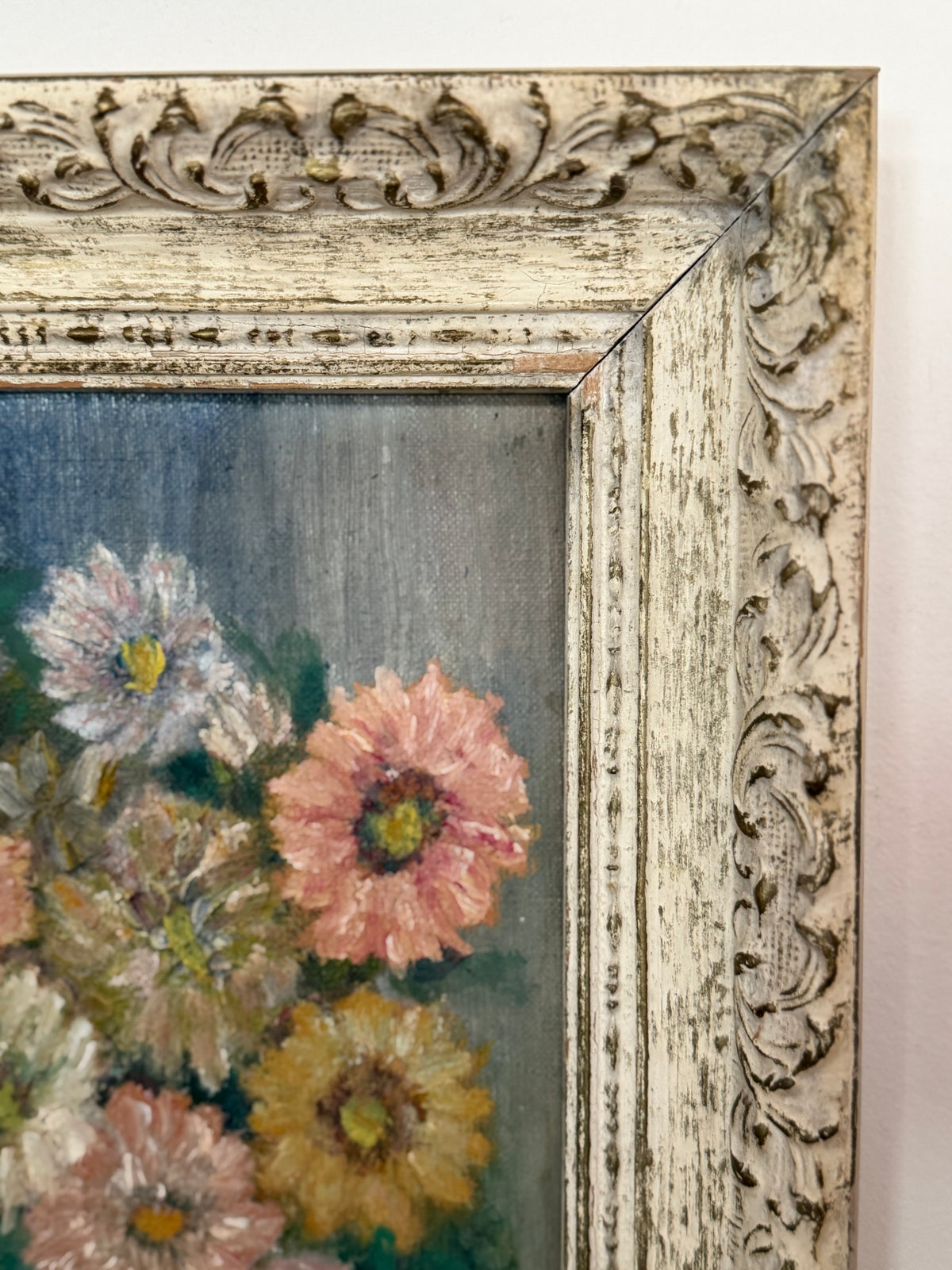 still life of chrysanthemums in a white vase