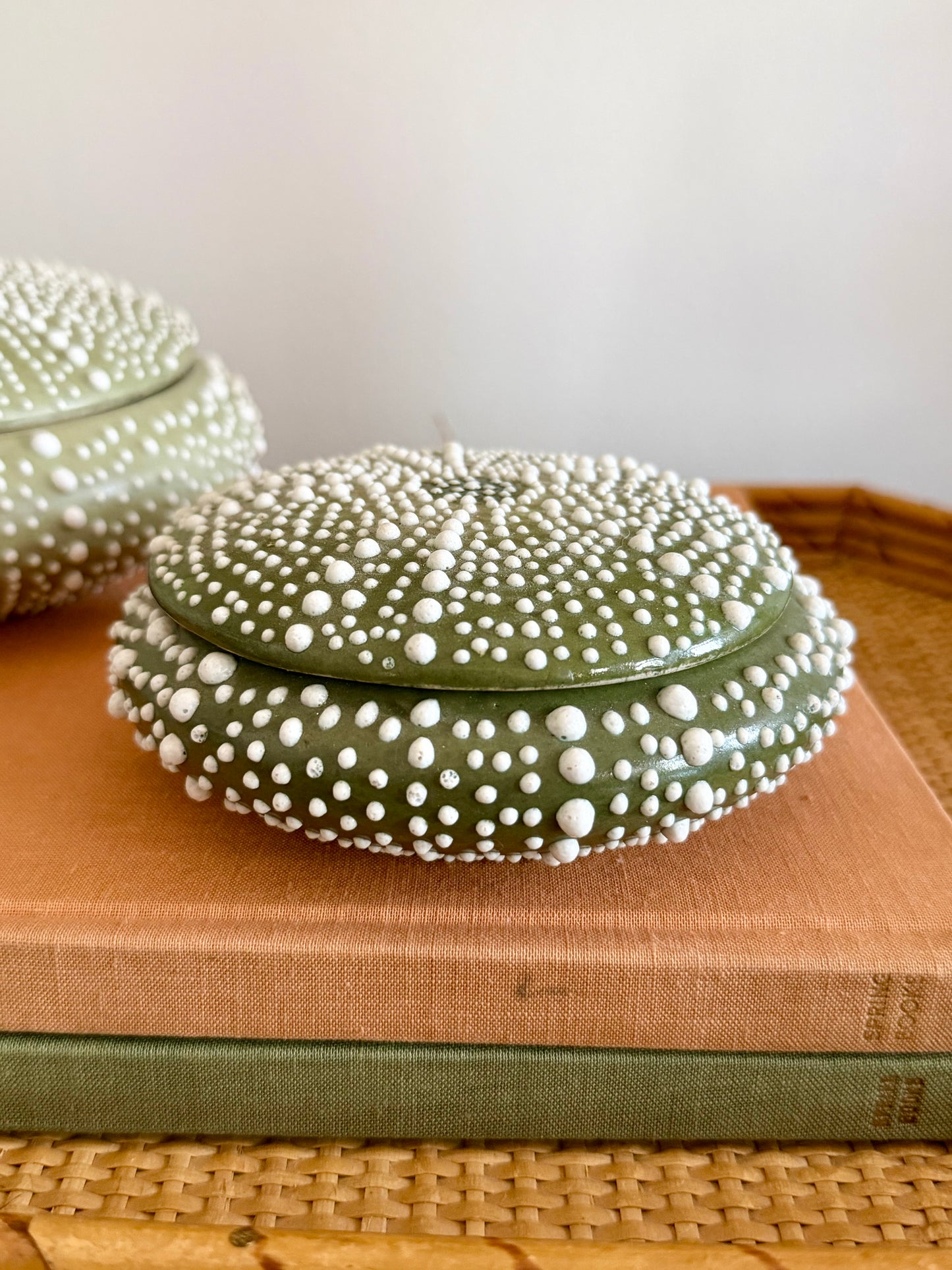 dark green ceramic sea urchin lidded box