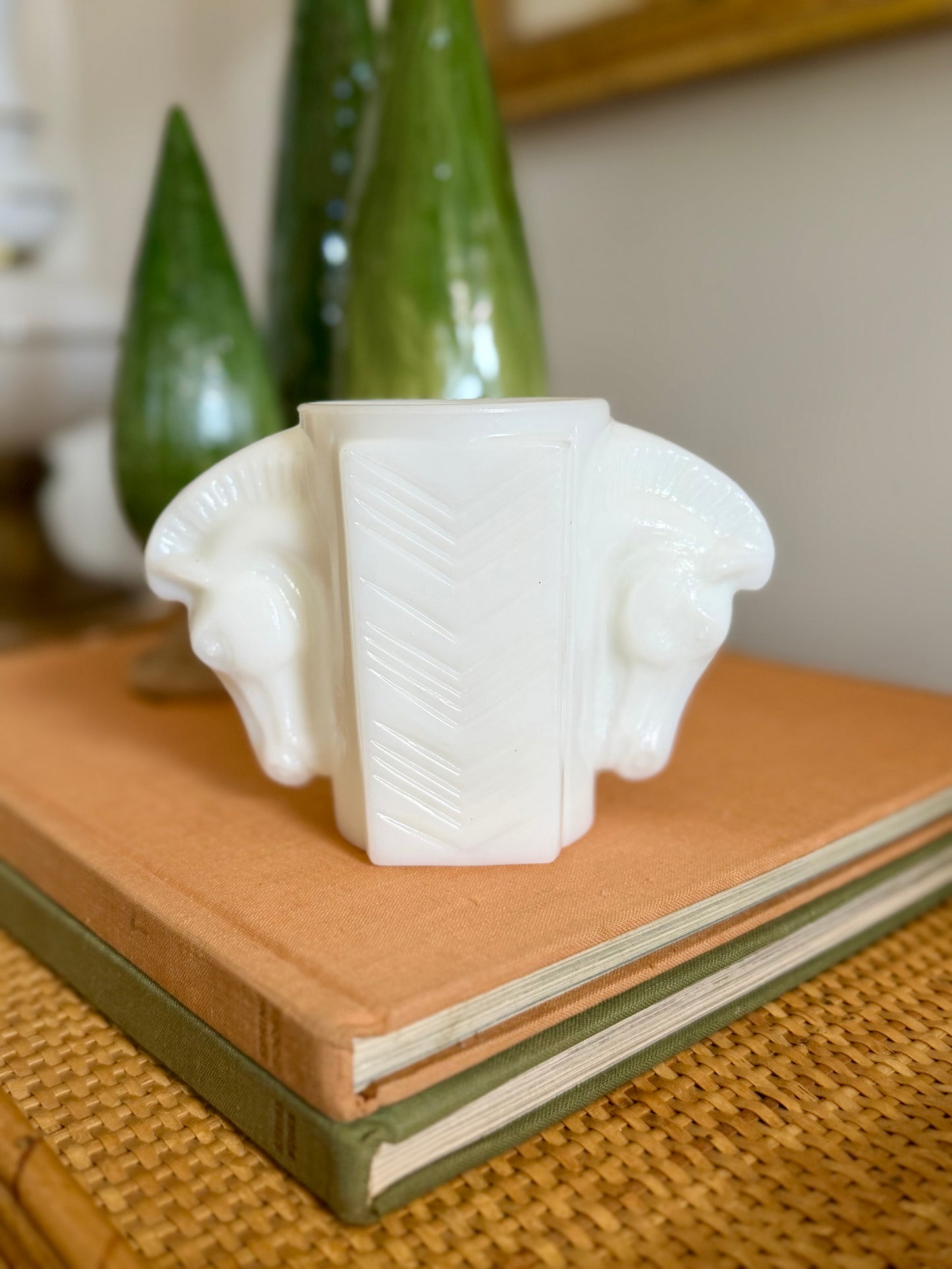 Macbeth-Evans Art Deco milk glass double horse head cup
