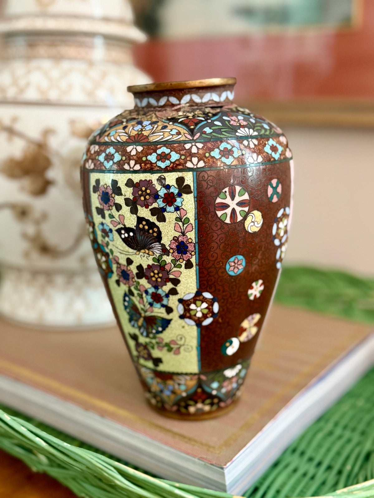 antique Chinese cloisonne vase with brown "goldstone" background