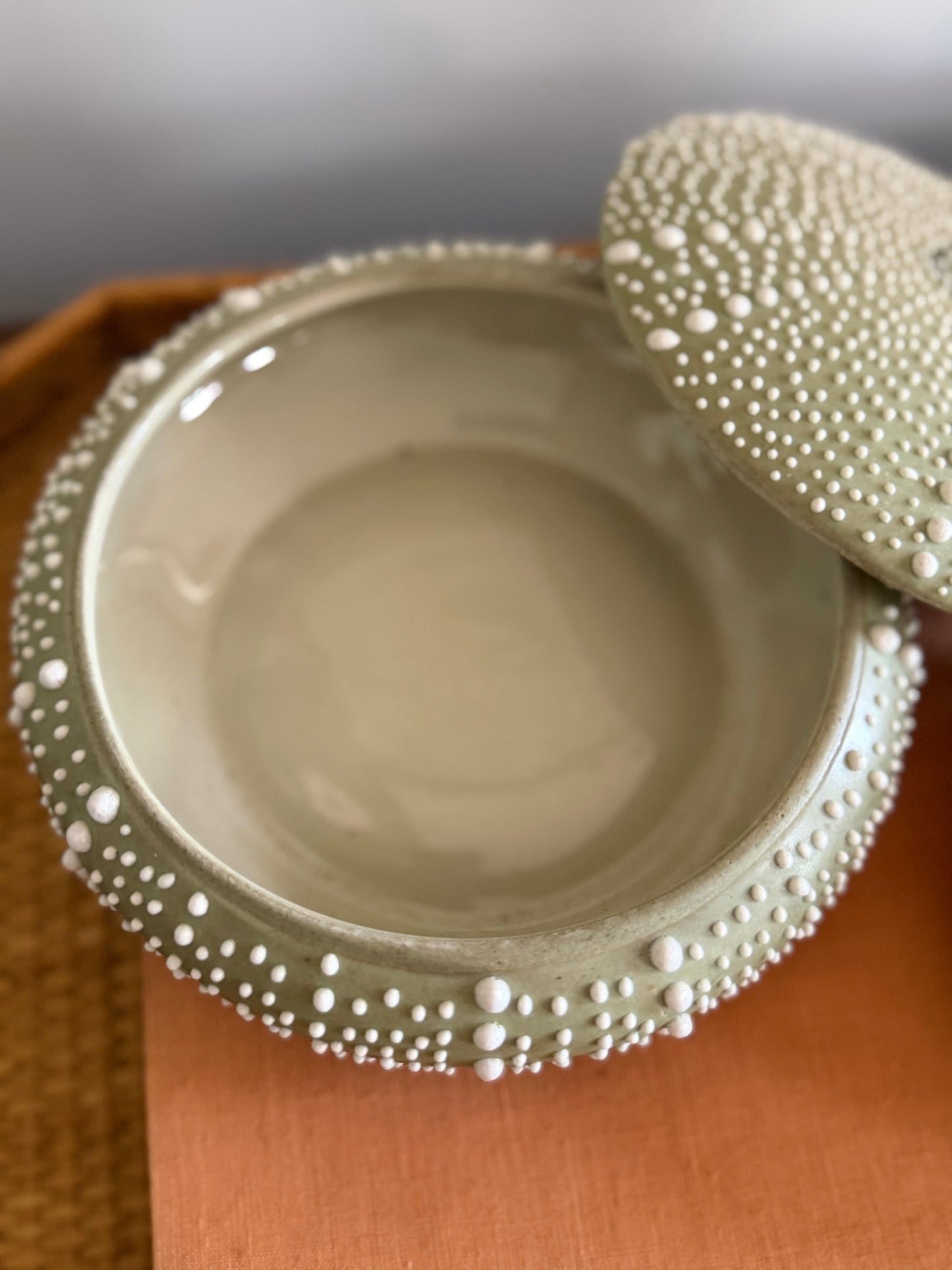 light green ceramic sea urchin lidded box