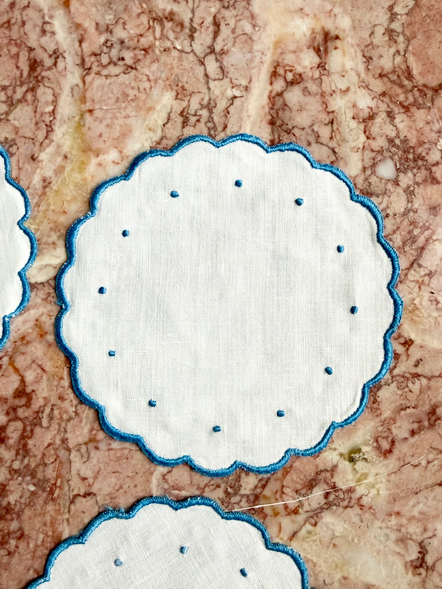 scalloped blue and white embroidered linen coasters, set of 6