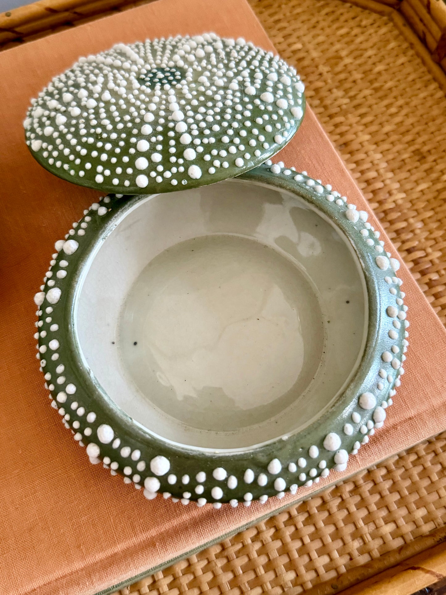 dark green ceramic sea urchin lidded box