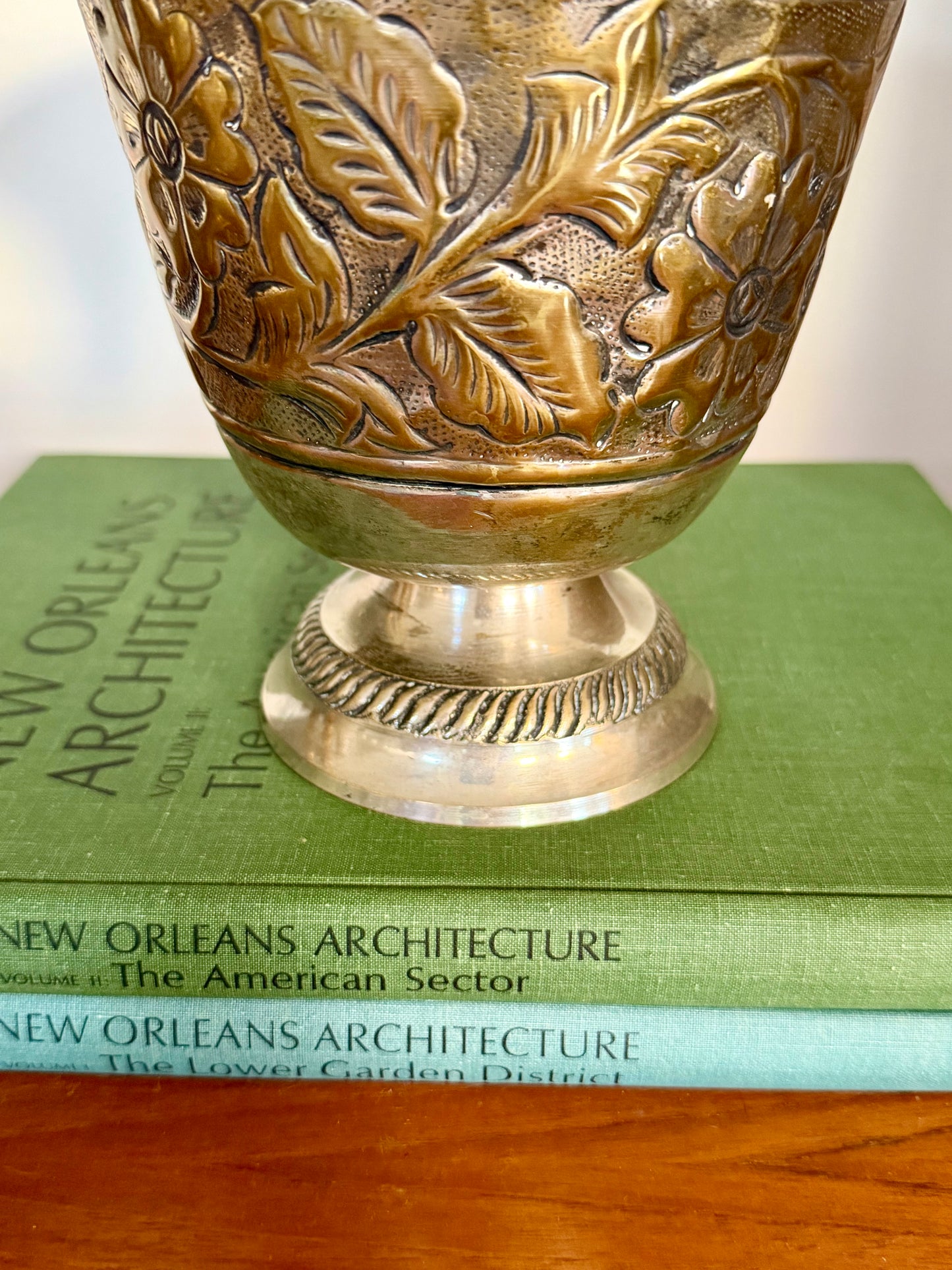 hand-chased silver-plate floral footed vase