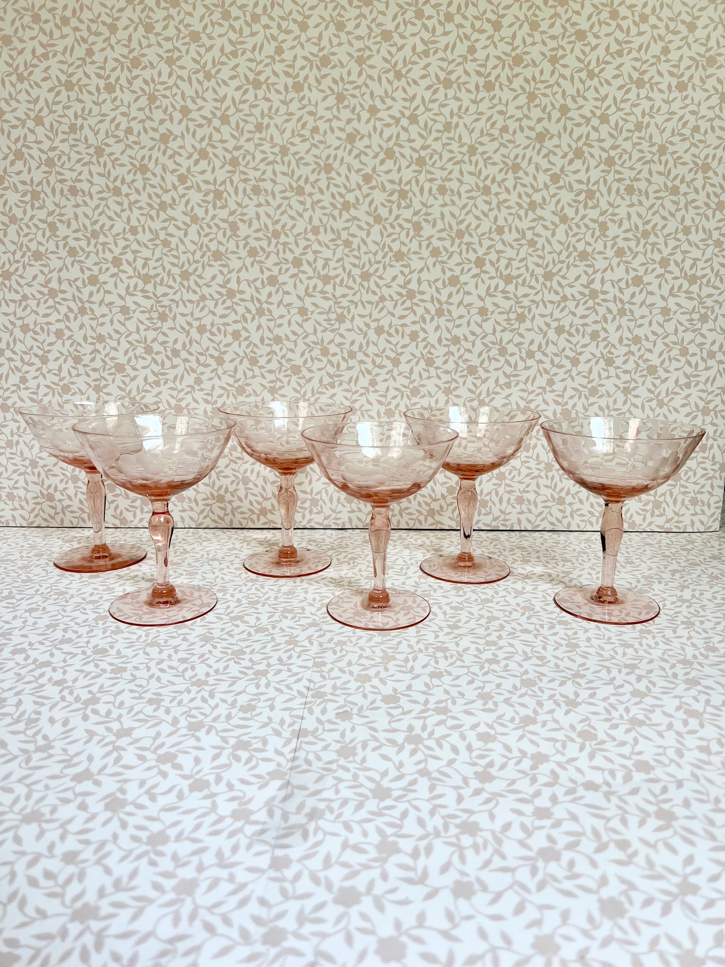 set of 6 etched pink depression glass coupes