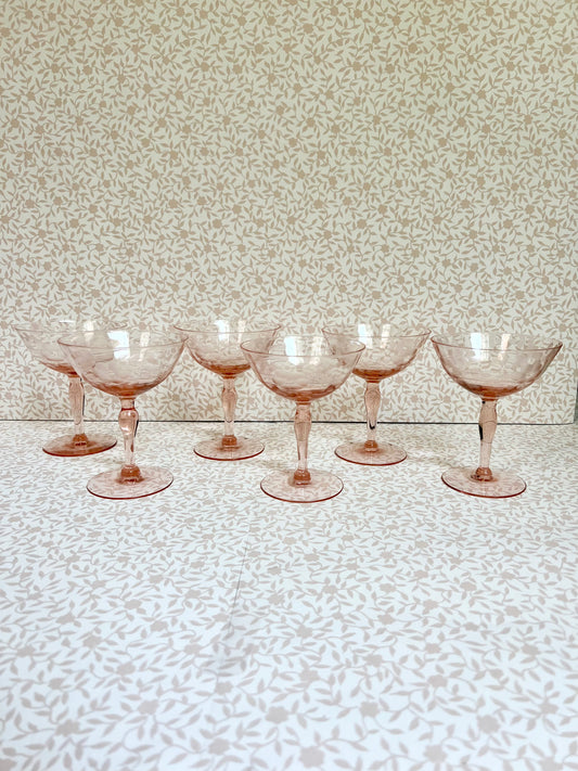 set of 6 etched pink depression glass coupes