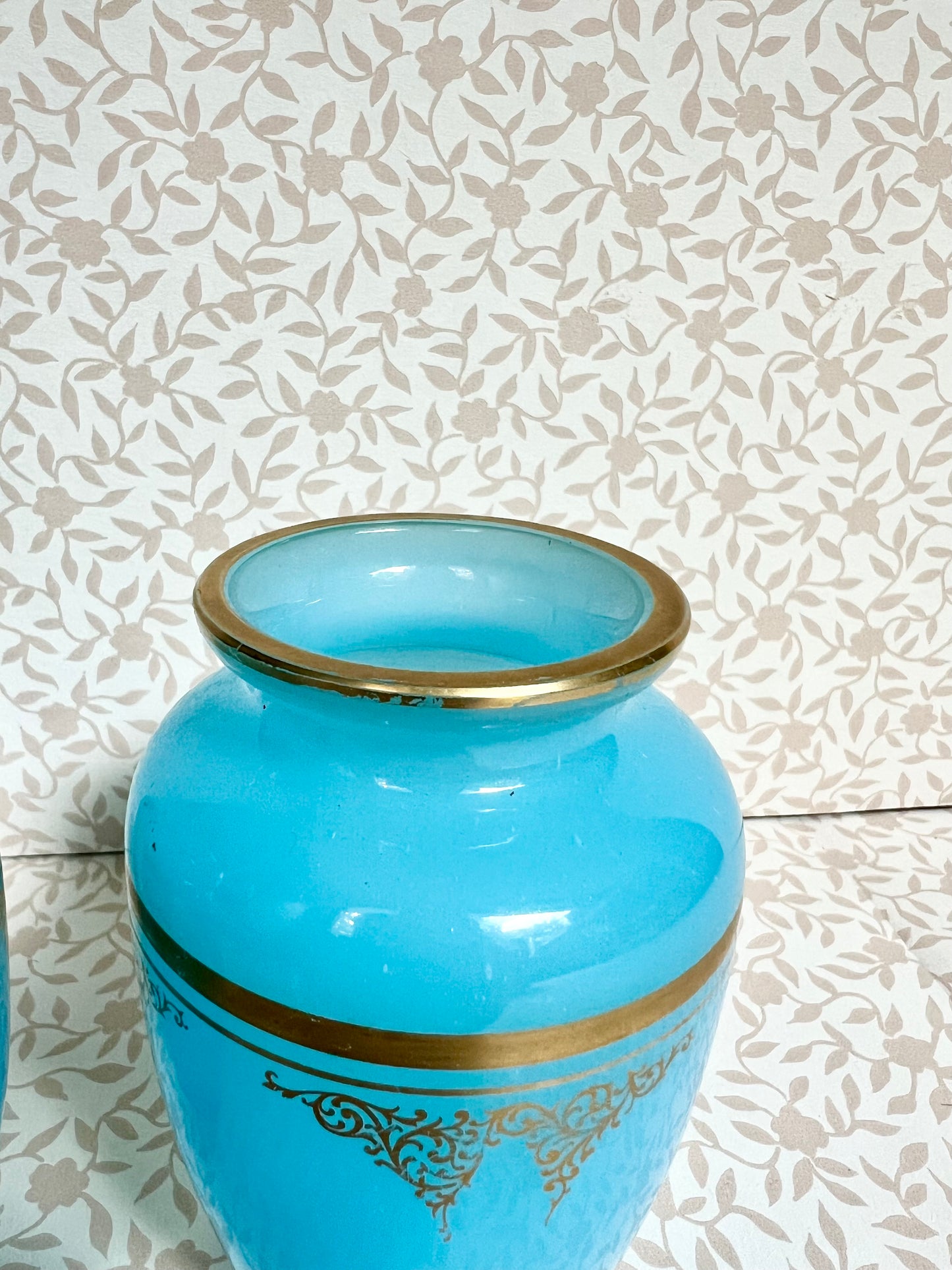 pair of Baccarat blue opaline agate bud vases with gold gilt