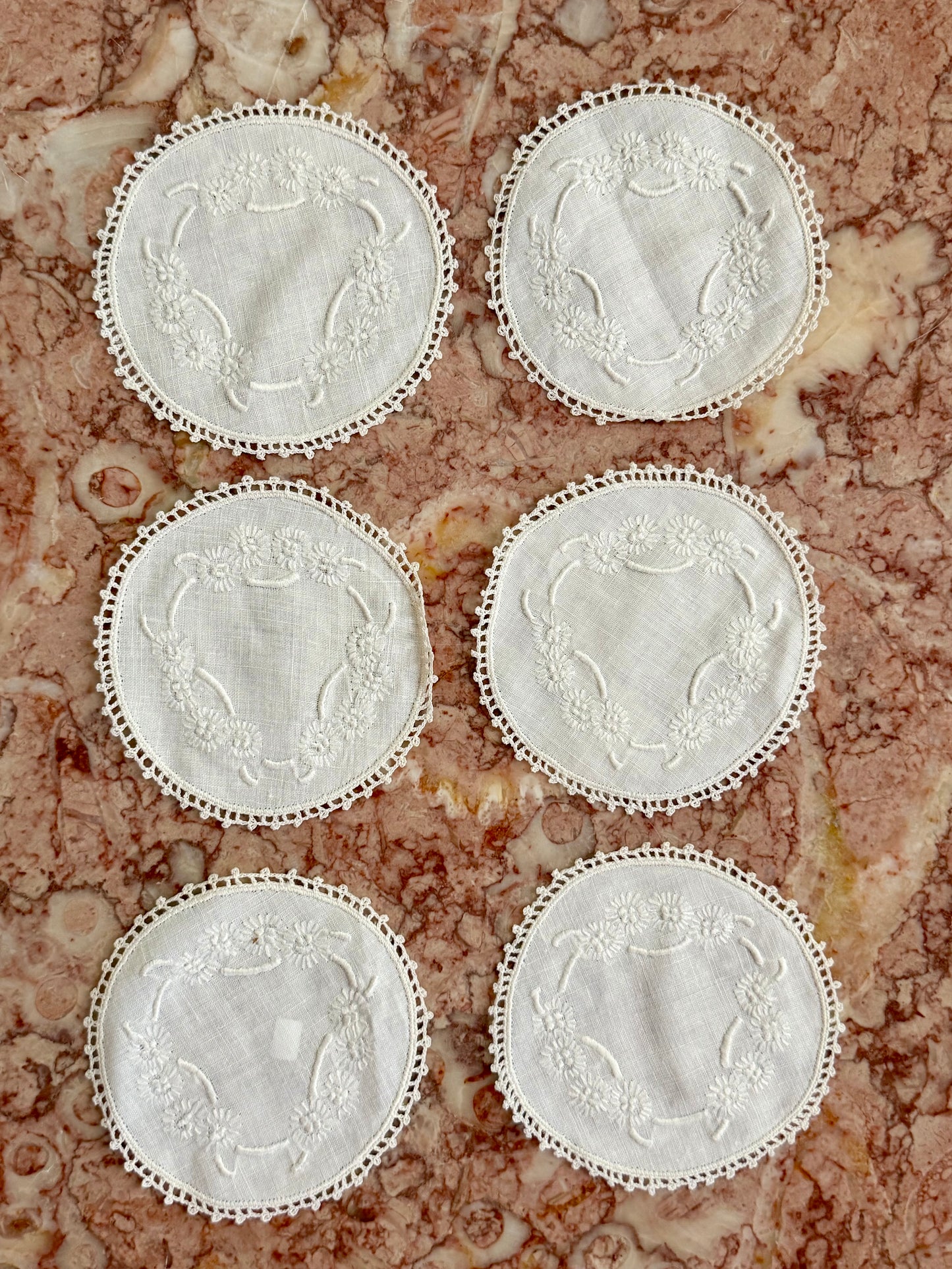 hand-embroidered floral linen coasters, set of 6