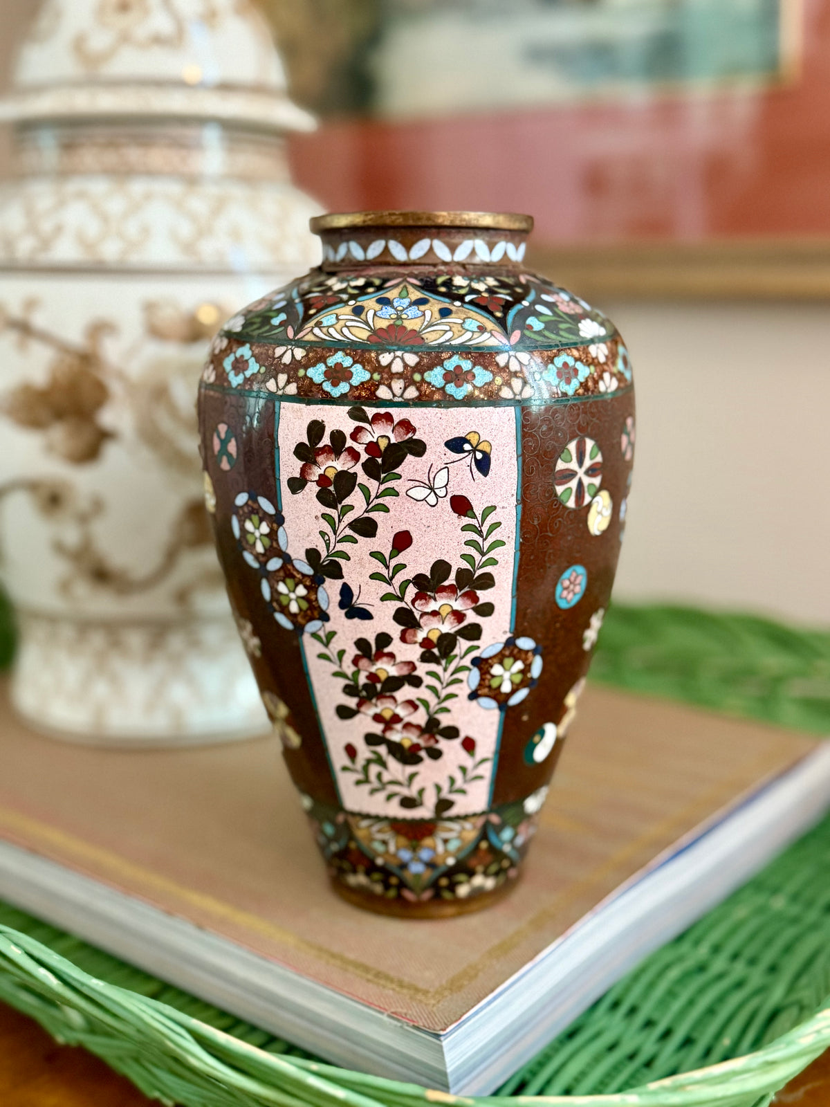 antique Chinese cloisonne vase with brown "goldstone" background