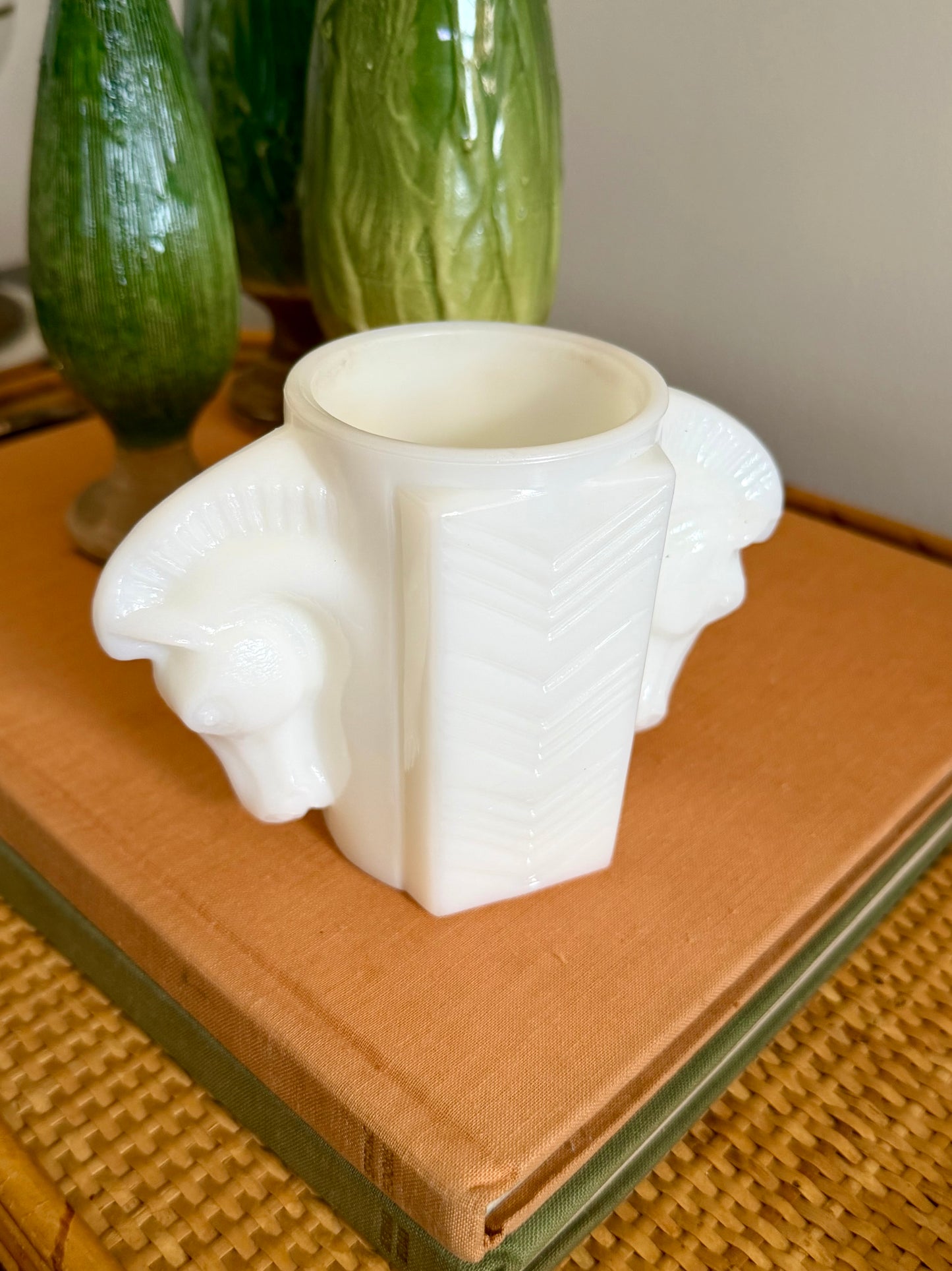 Macbeth-Evans Art Deco milk glass double horse head cup