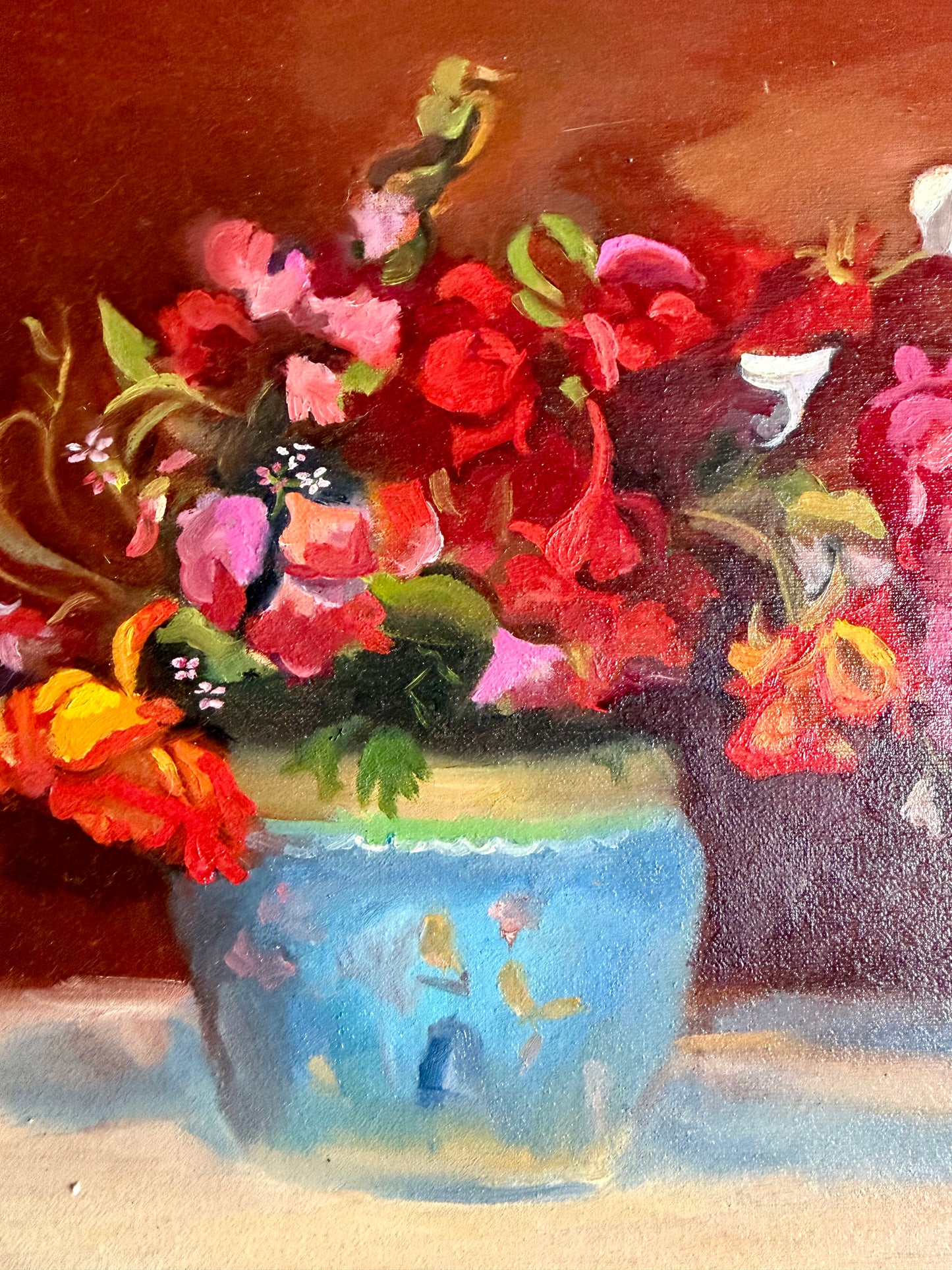 red flowers in a blue vase original painting