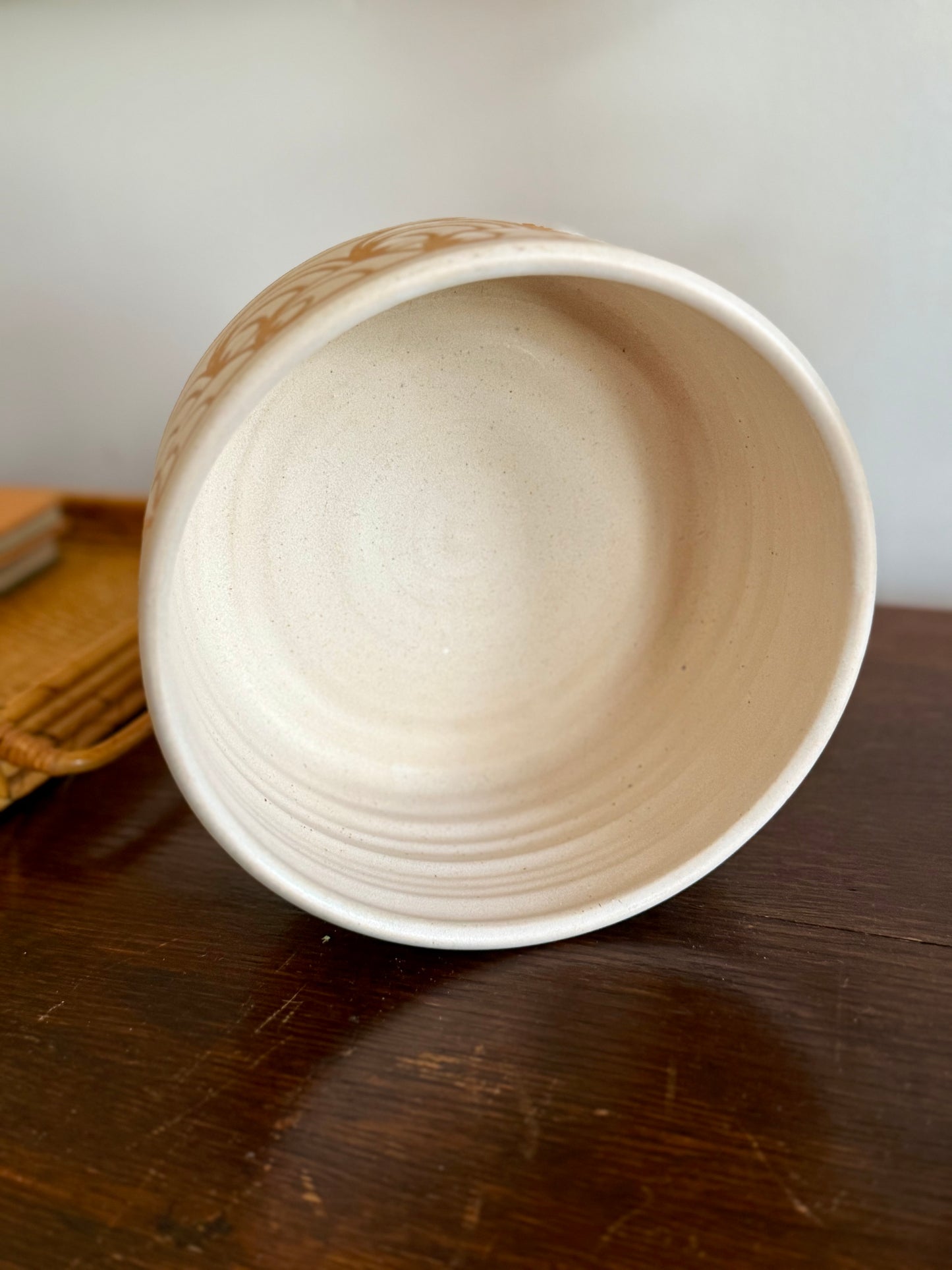 MCM studio pottery terracotta wave pattern bowl, signed by Sally Ann Endleman