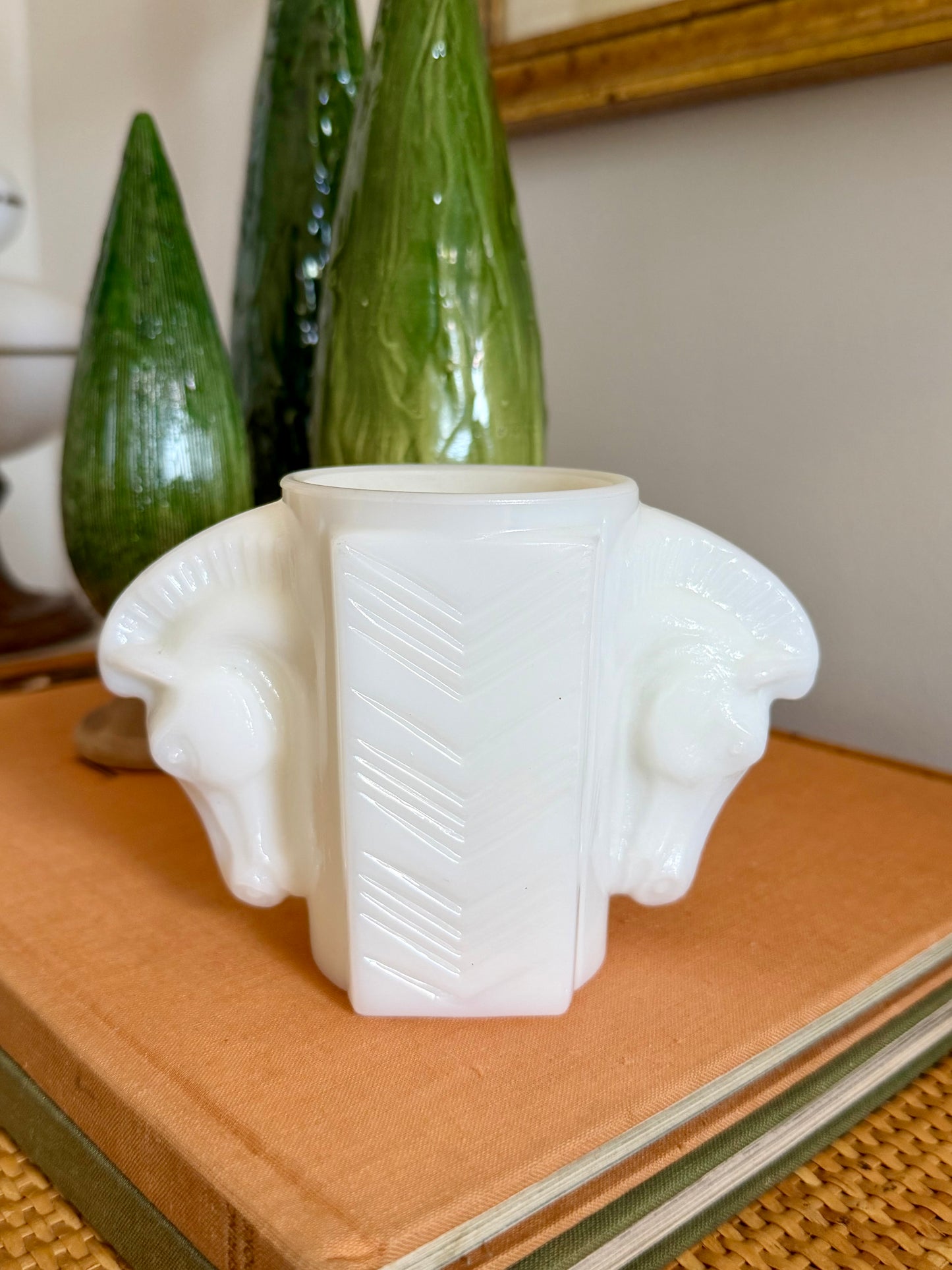 Macbeth-Evans Art Deco milk glass double horse head cup