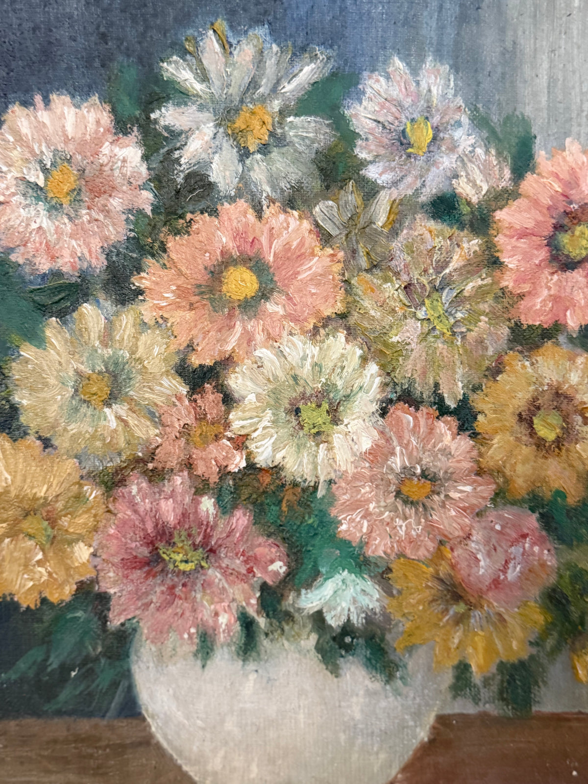 still life of chrysanthemums in a white vase