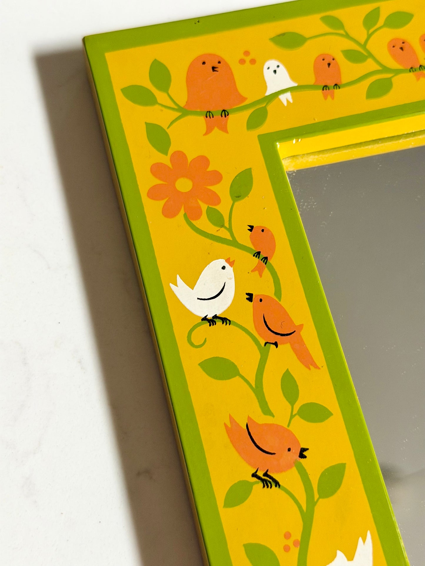 retro framed accent mirror hand painted with birds and flowers
