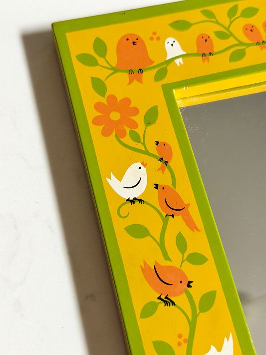 retro framed accent mirror hand painted with birds and flowers