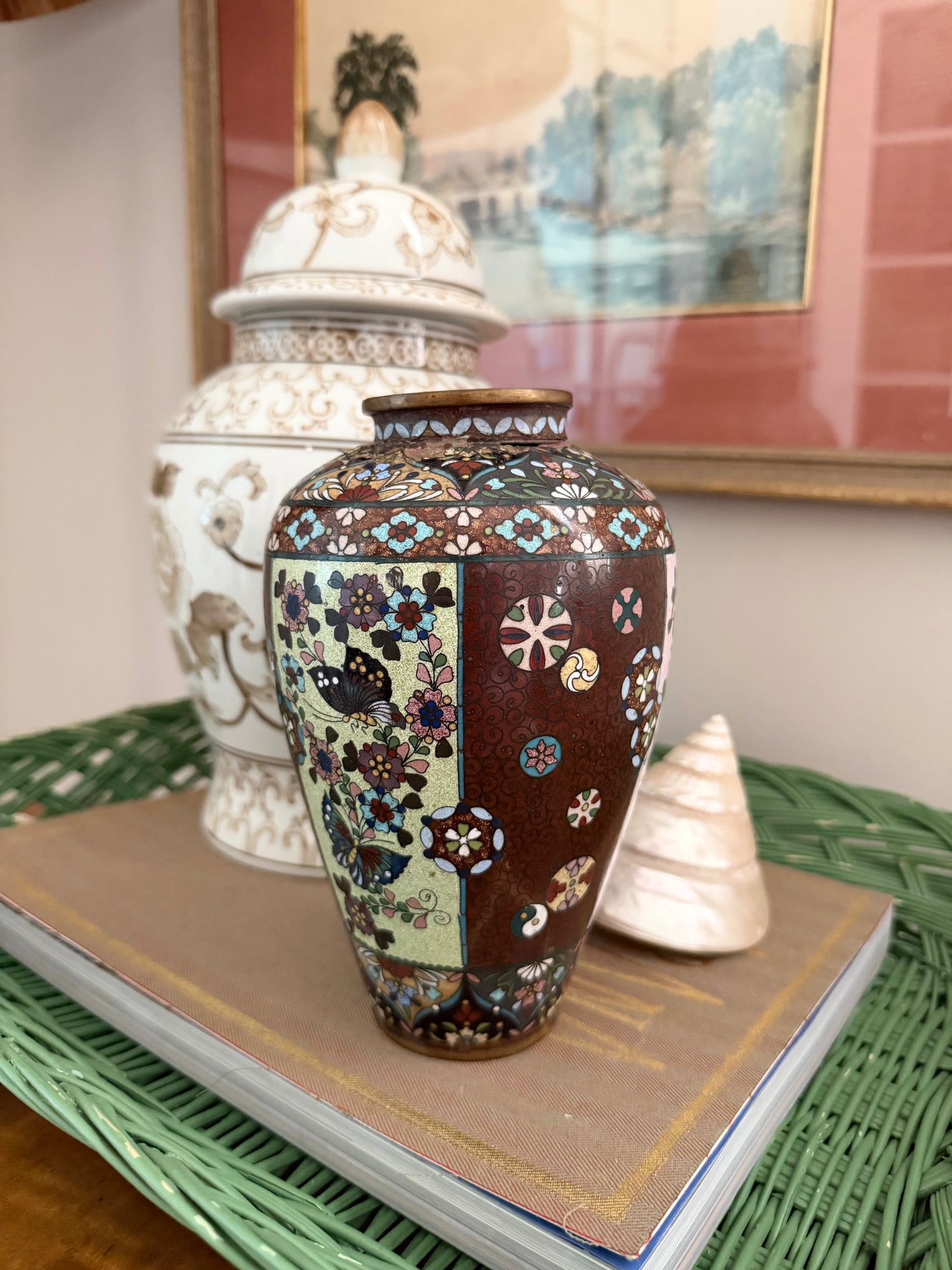 antique Chinese cloisonne vase with brown "goldstone" background